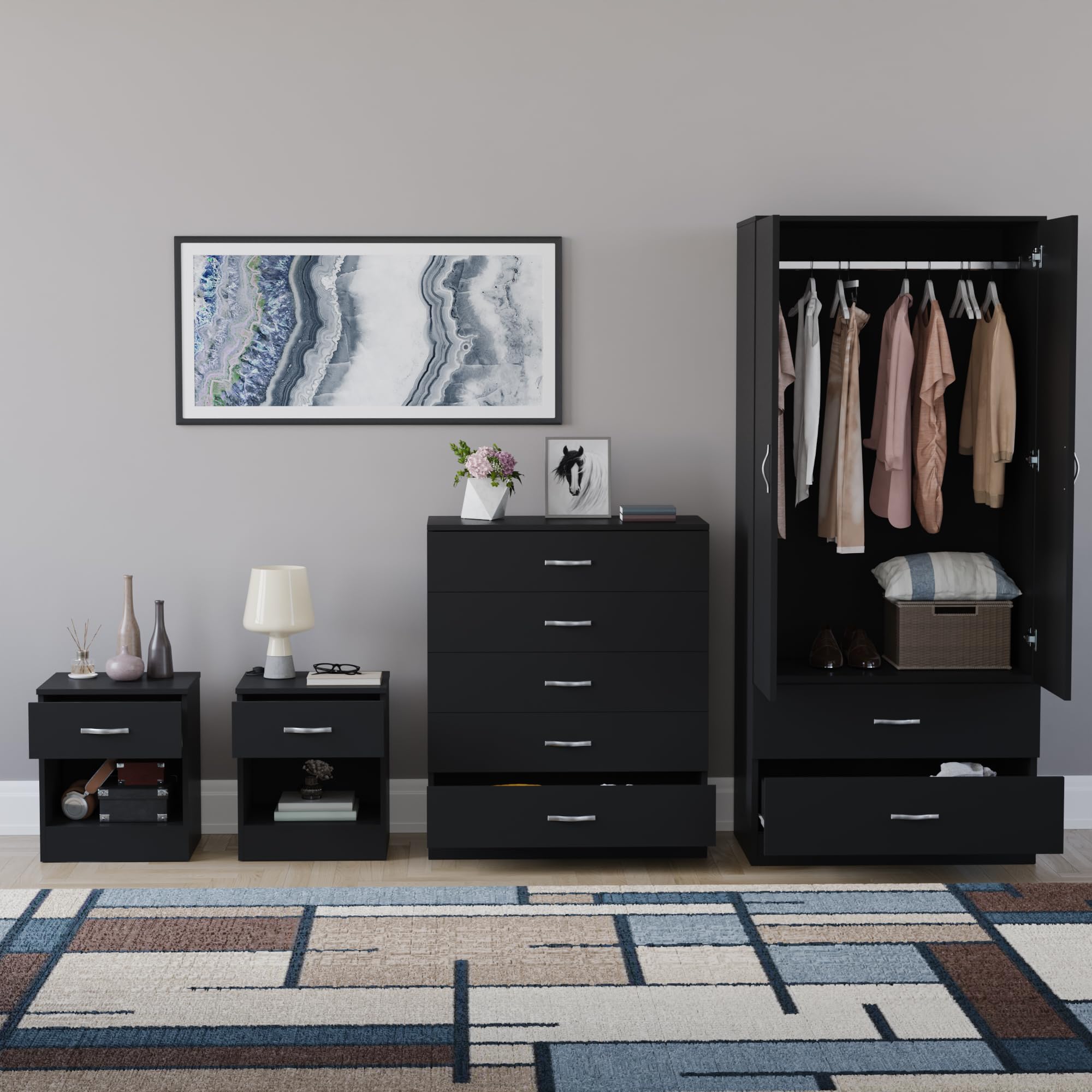 Vida Designs Riano - Juego de dormitorio de 4 piezas (1 cajón, cómoda de 5 cajones, armario de 2 puertas y 2 cajones), color negro (5)
