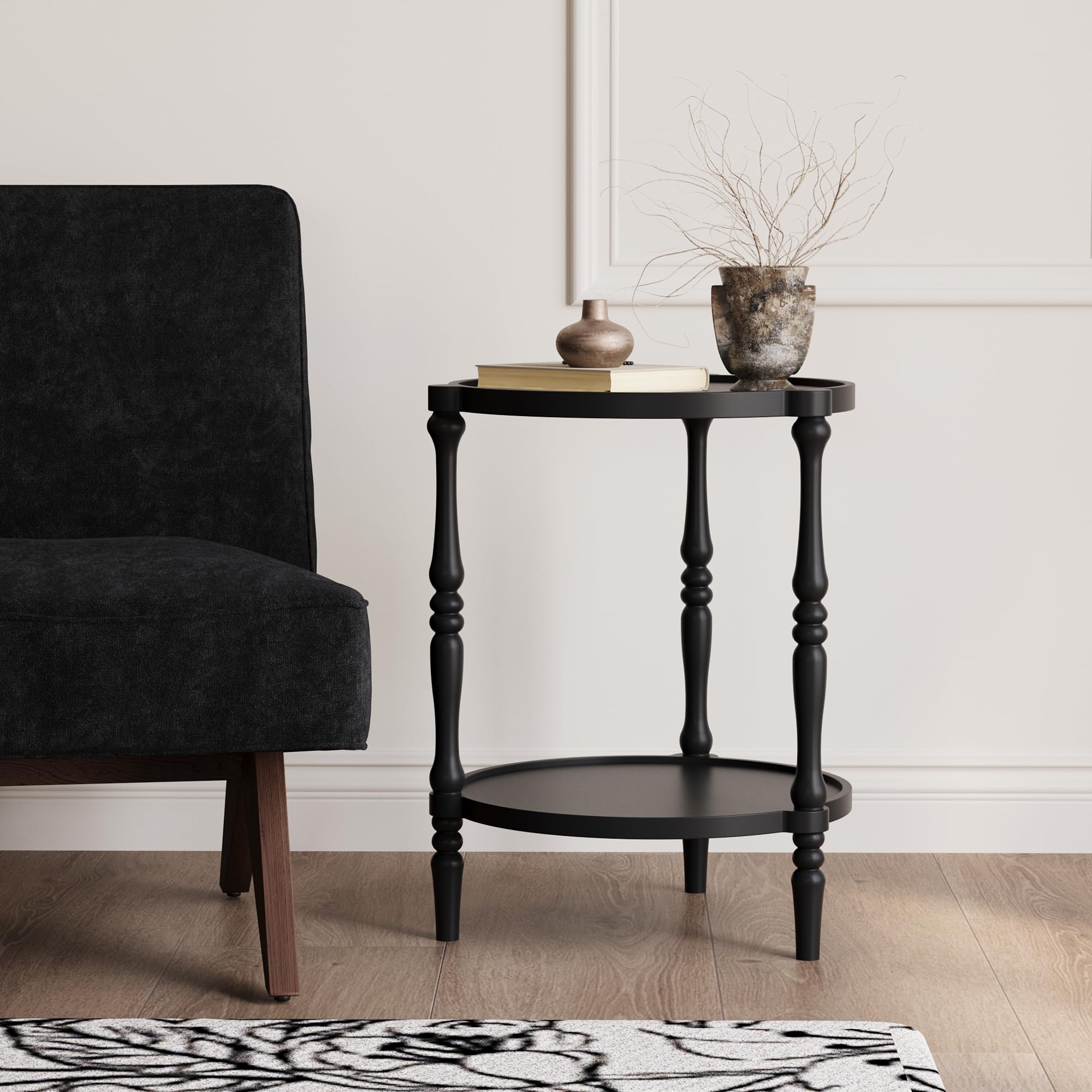 GIUSDOLA Accent Wood End Table, 2-Tier Round Bedside Table, Natural Side Table Nightstand for Family, Bedroom, Living Room, Handcrafted Finish, Black