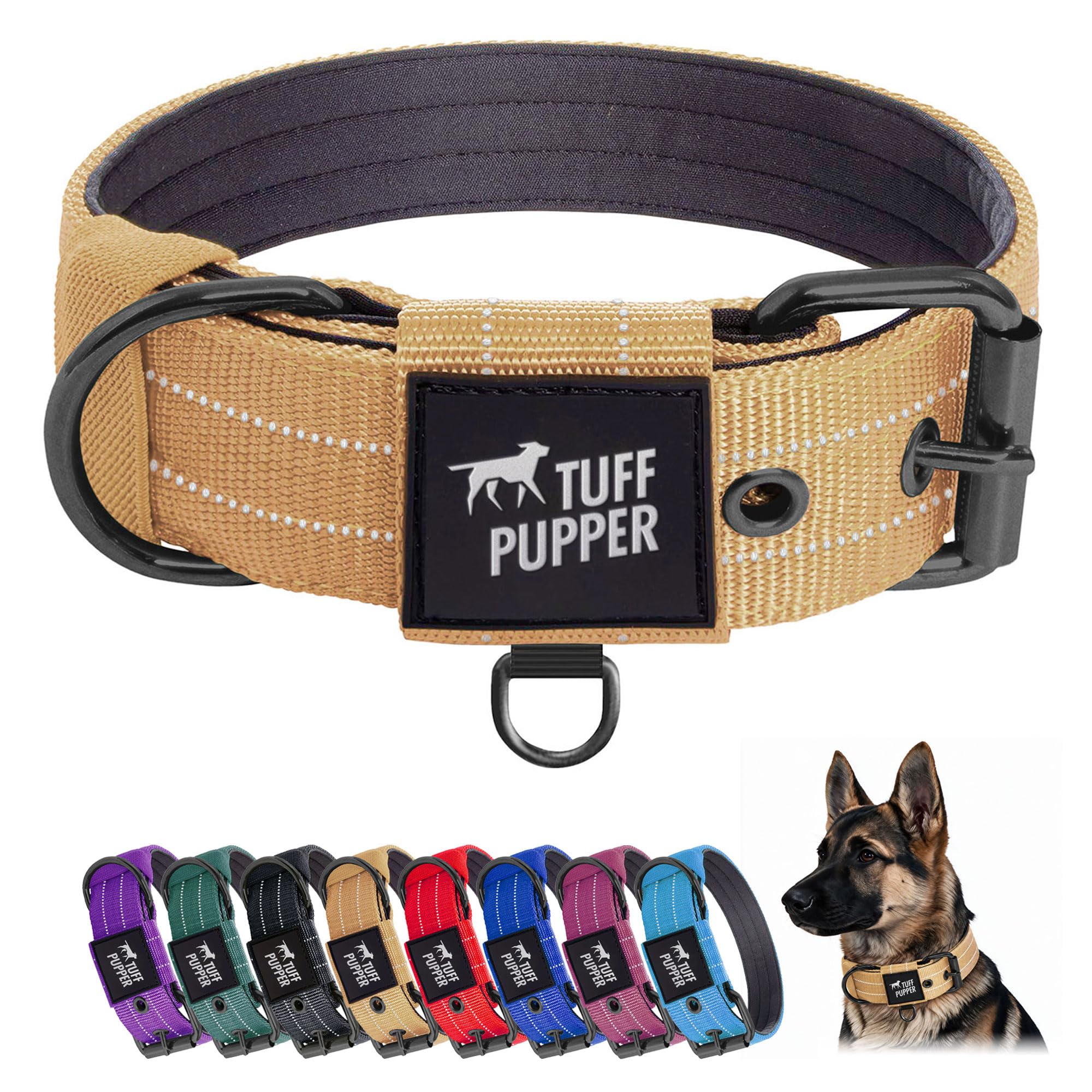 Tuff Pupper Heavy Duty Tactical Dog Collar | 1.25" Wide Ballistic Nylon | Reflective Stitching | Integrated ID Tag Holder | Stainless Steel Buckle | Padded Lining | Small &amp; Medium Dogs (Tan, Small)