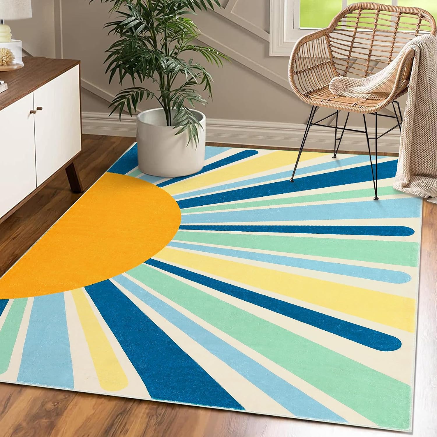 GarveeHome Washable Area Rug Colorful Sunrise Nursery Rug 5x7 Area Rug Non-Slip Low Pile Throw Floor Cover Large Bedroom Carpet Boho Retro Carpet Sun Rug for Living Room Playroom, Blue
