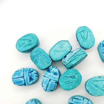 Egyptian Scarab Beads Set of 12 Small - Vertical Drilled - Light Blue Hand-Carved Soapstone - Ancient Egypt Hieroglyphs - Made in Egypt