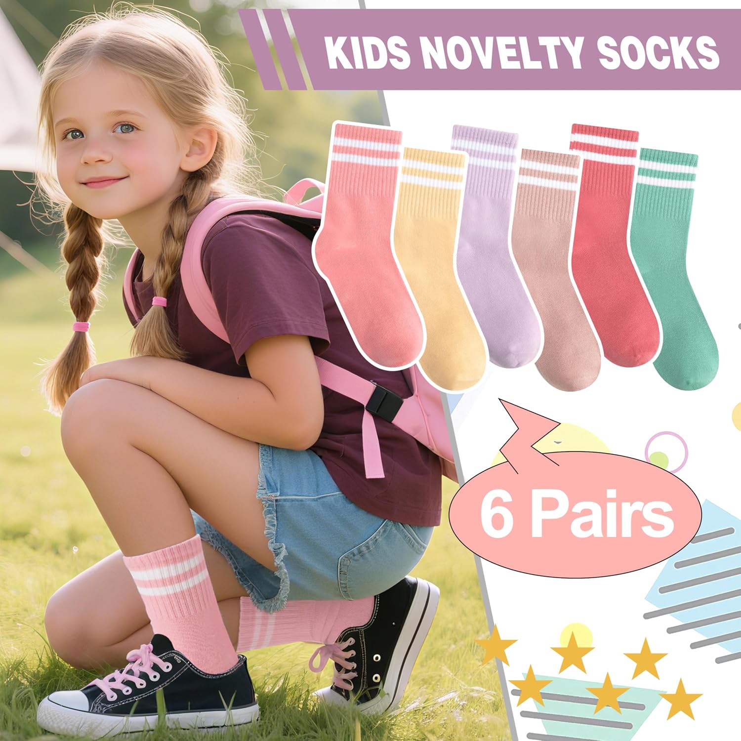 Kids Girls Athletic Sport Socks Basketball Outdoor Cotton Crew Breathable Socks 6 Pairs