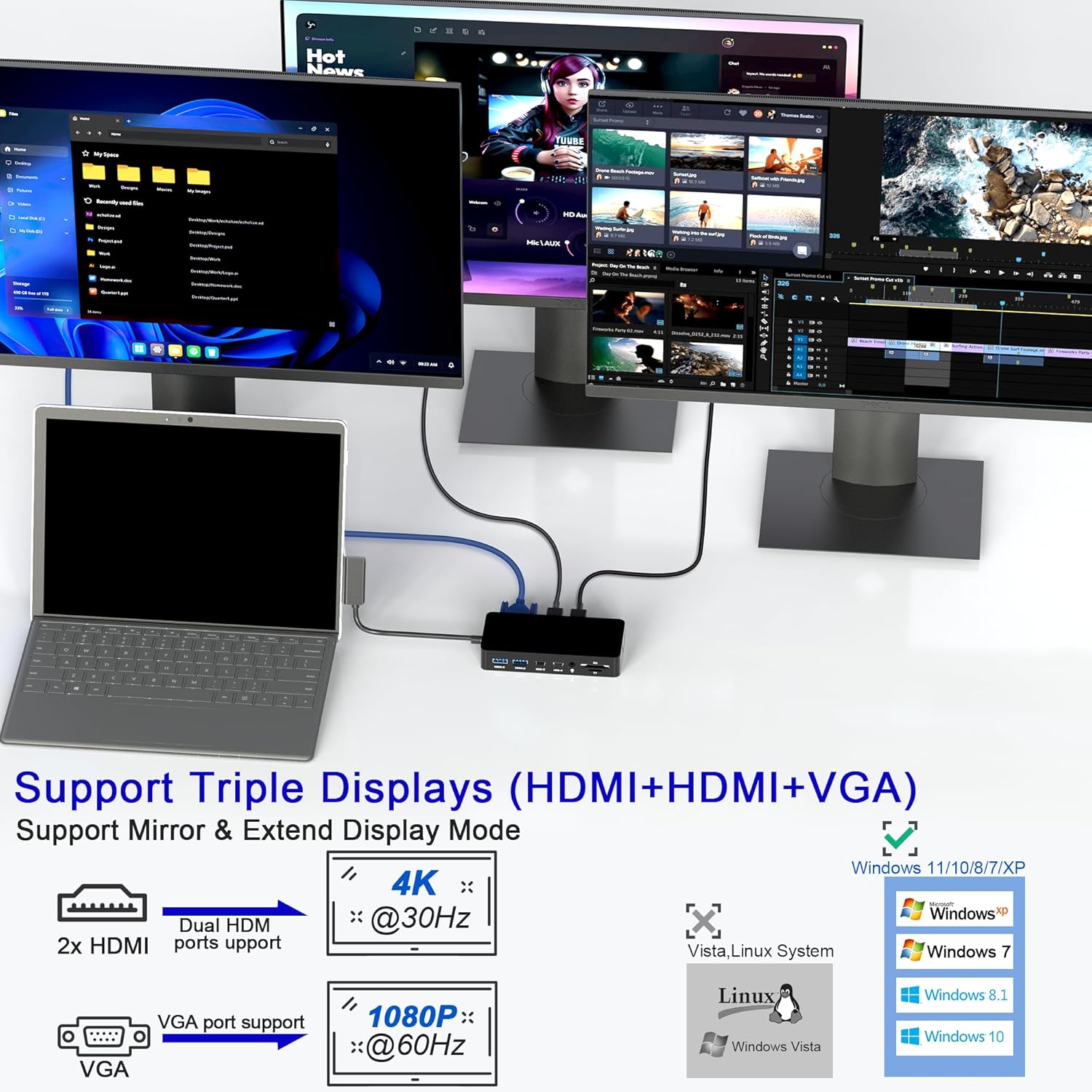 Microsoft Surface Dock, 12-in-1 Triple Displays VGA +Dual HDMI Surface Dock, Surface Docking Station for Surface Pro 11/10/9/8/X/7/6/5/4/3, Surface Book 3/2/1, Surface Laptop go/6/5/4/3/2/1 image 5 of 9 B0D3TTJBJ3