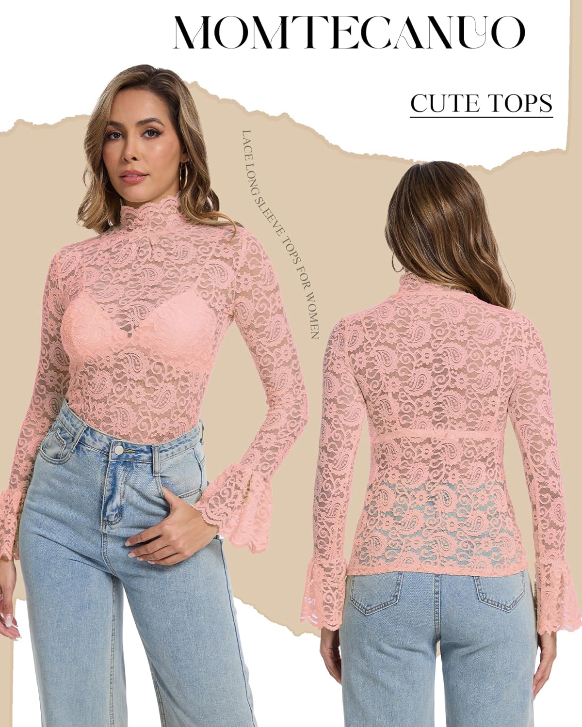 Women's Long Sleeve Lace Mesh Tops High Neck Sheer Blouse Sexy Floral Going Out Top - Image 6