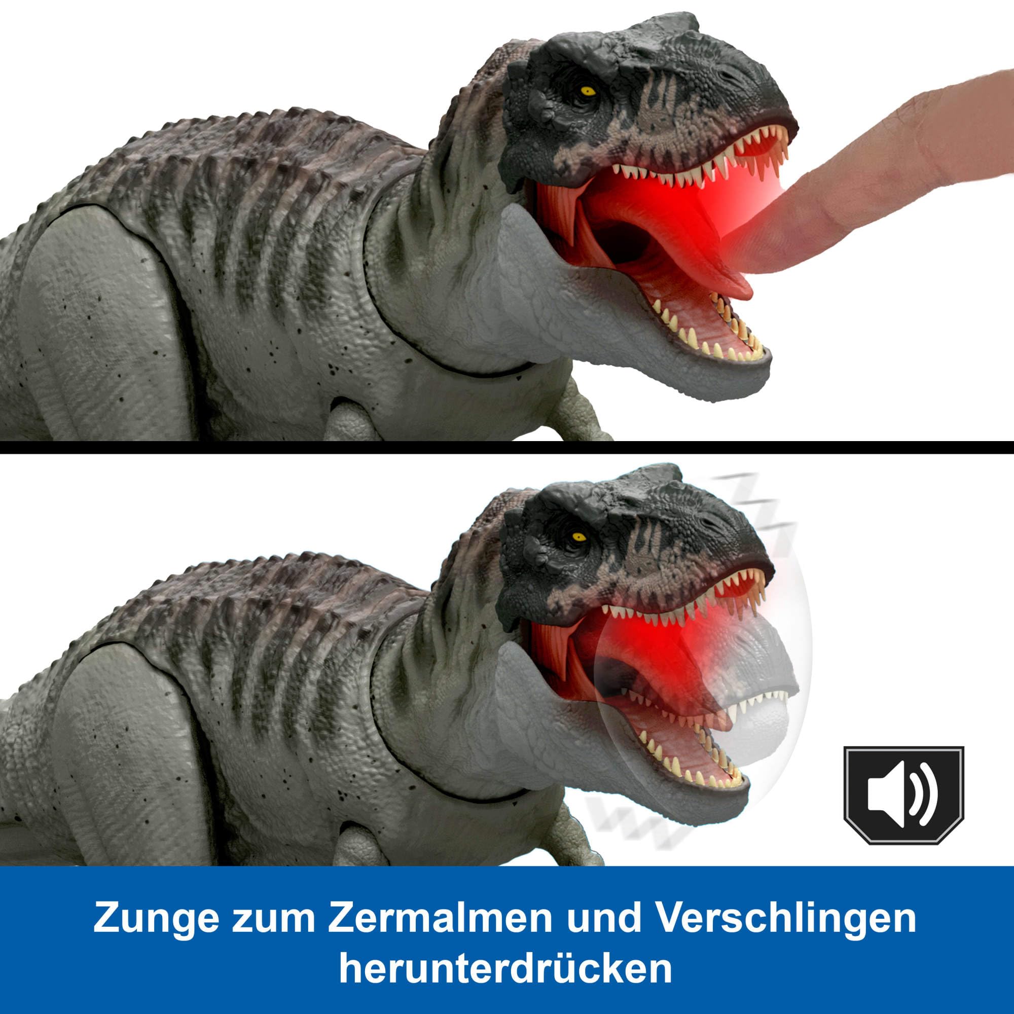 Mattel Jurassic World: Die Wiedergeburt Power-Fresser Tyrannosaurus Rex Dinosaurierfigur – mit zungenaktivierter Beiß-Attacke, Licht & Sound, digitalem Spielspaß, JGB50