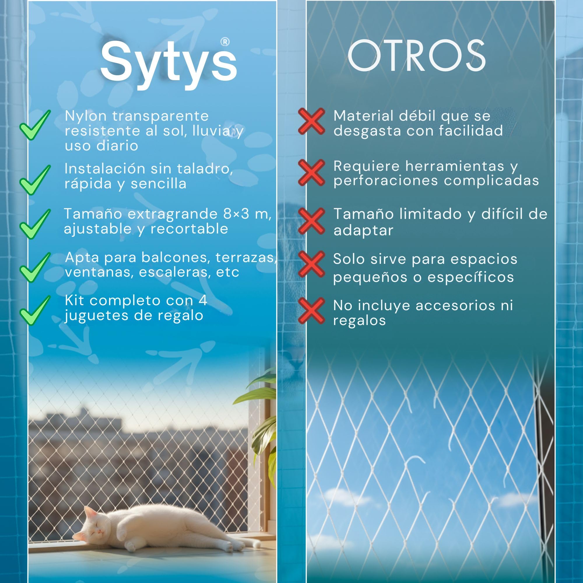 RED para GATOS Terraza SIN TALADRO + 4 Juguetes de REGALO (8x3m) TRANSPARENTE Red para Gatos Ventanas Red para Gatos Terraza Red Gatos Balcon Kit Instalación Completo Incluido | Malla Gatos Terraza