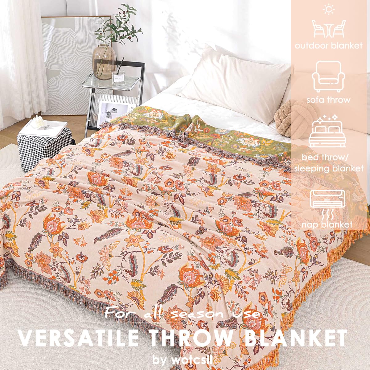 Tagesdecke Boho Baumwolle Kuscheldecke Wohndecke mit Blumenmuster