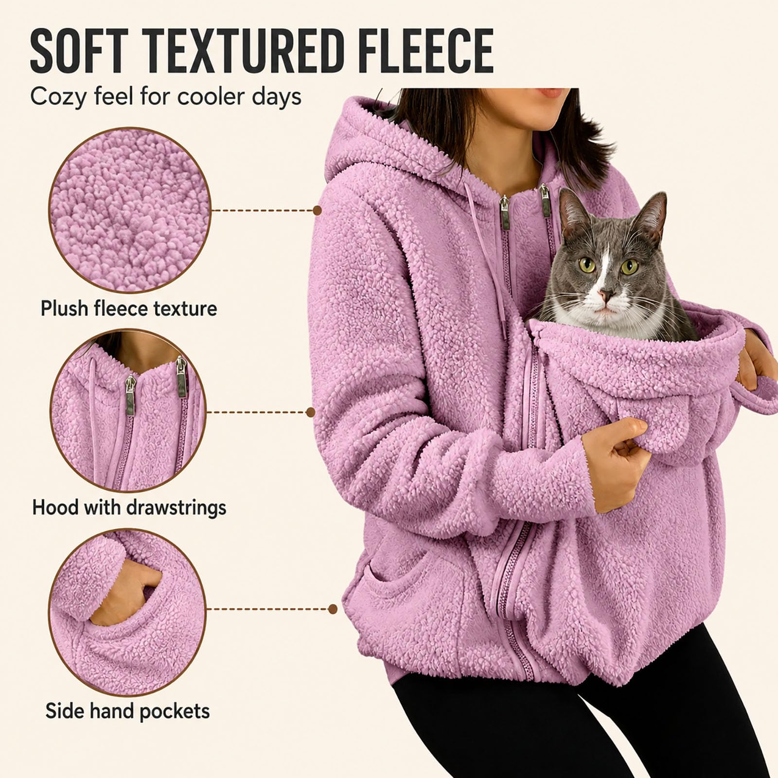 Pet Pouch Hoodie for Women, Fleece Jacket for Cats and Small Dogs (Pink,xx_l)