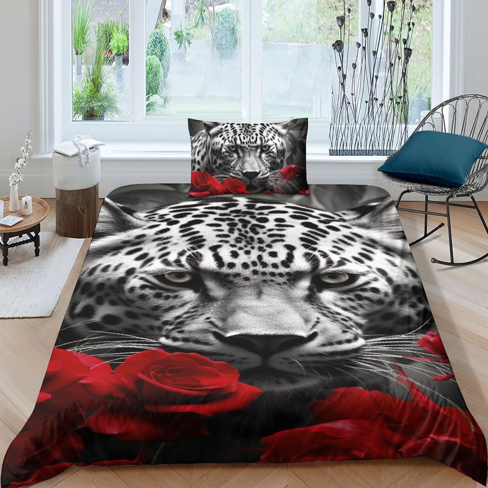 Ensemble de housse de couette animal print 3D chic avec rose rouge florale