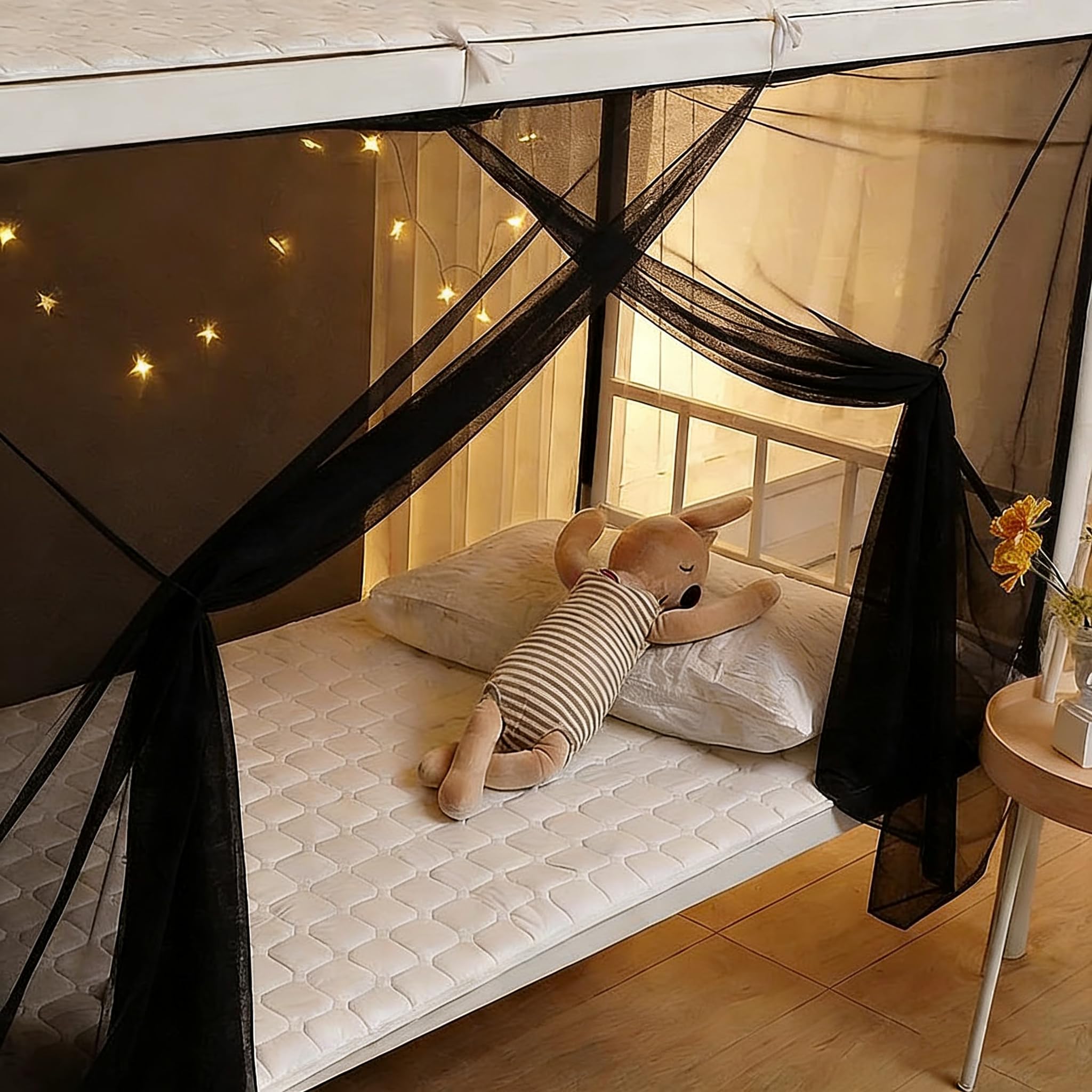 Bed Canopy with LED Star Lights, Black Canopy Bed Curtain with RGB Color Changing String Lights with Smart App Control Remote for Princess Girls Bedroom, Suggested for Twin Full Queen King Bed