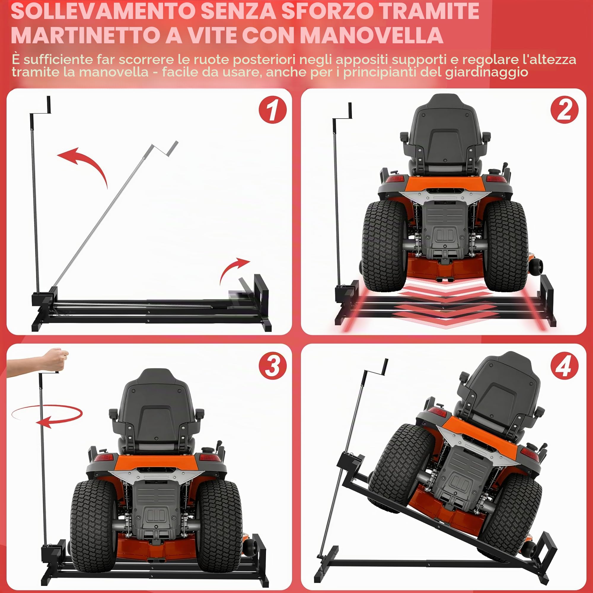 Sollevatore per trattorini in acciaio, pieghevole, con inclinazione di 45°, sollevatore regolabile con manovella, dispositivo di sollevamento manuale fino a 400 kg, per trattori tosaerba