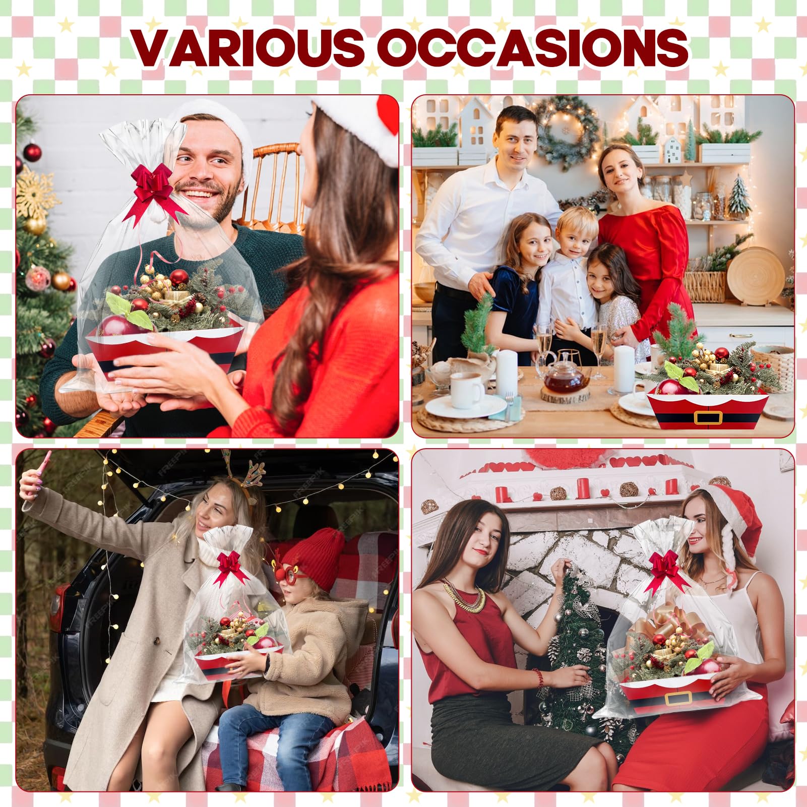 Weihnachtskörbe für Geschenke, leer, 21,6 x 25,4 cm, mit Weihnachtsschleifen, transparente Geschenktüten, roter Weihnachtsmanngürtel, leere Geschenkkörbe, Set zum Befüllen für Winter, Weihnachten,