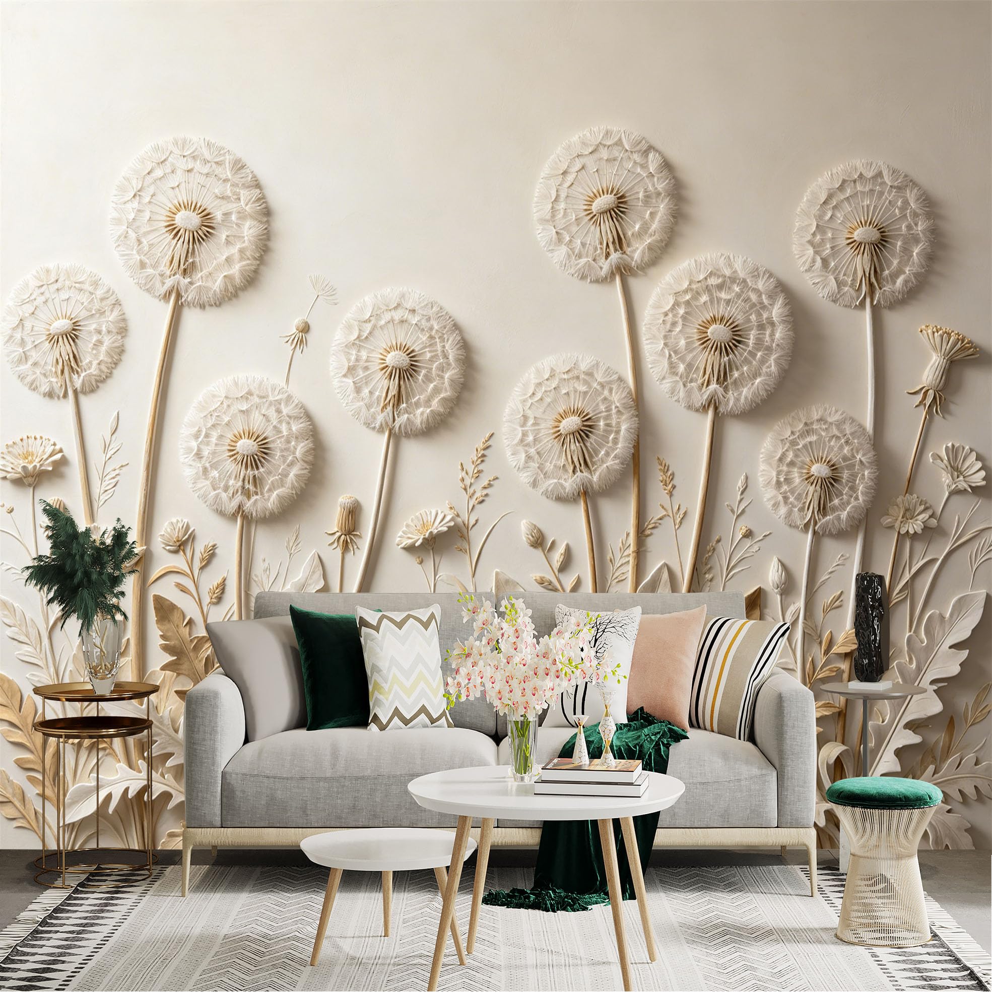 Lnzczhyre Dbh260521948 Custom Size Wall Sticker Mural， White Dandelion Flowers， Minimalist Botanical Art， Elegant Floral Relief， For Wall Decoration， Peelandstick Wall Decals.