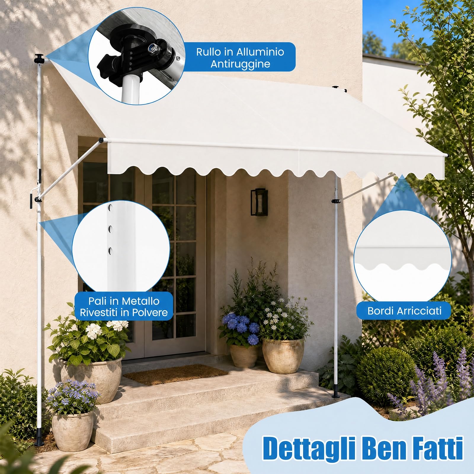 COSTWAY Tenda da Sole a Morsetto, Tenda per Balcone Senza Foratura Altezza e Inclinazione Regolabili con Manovella, Telo Impermeabile e Resistente ai Raggi Solari e Telaio Antiruggine (4M,Bianco)