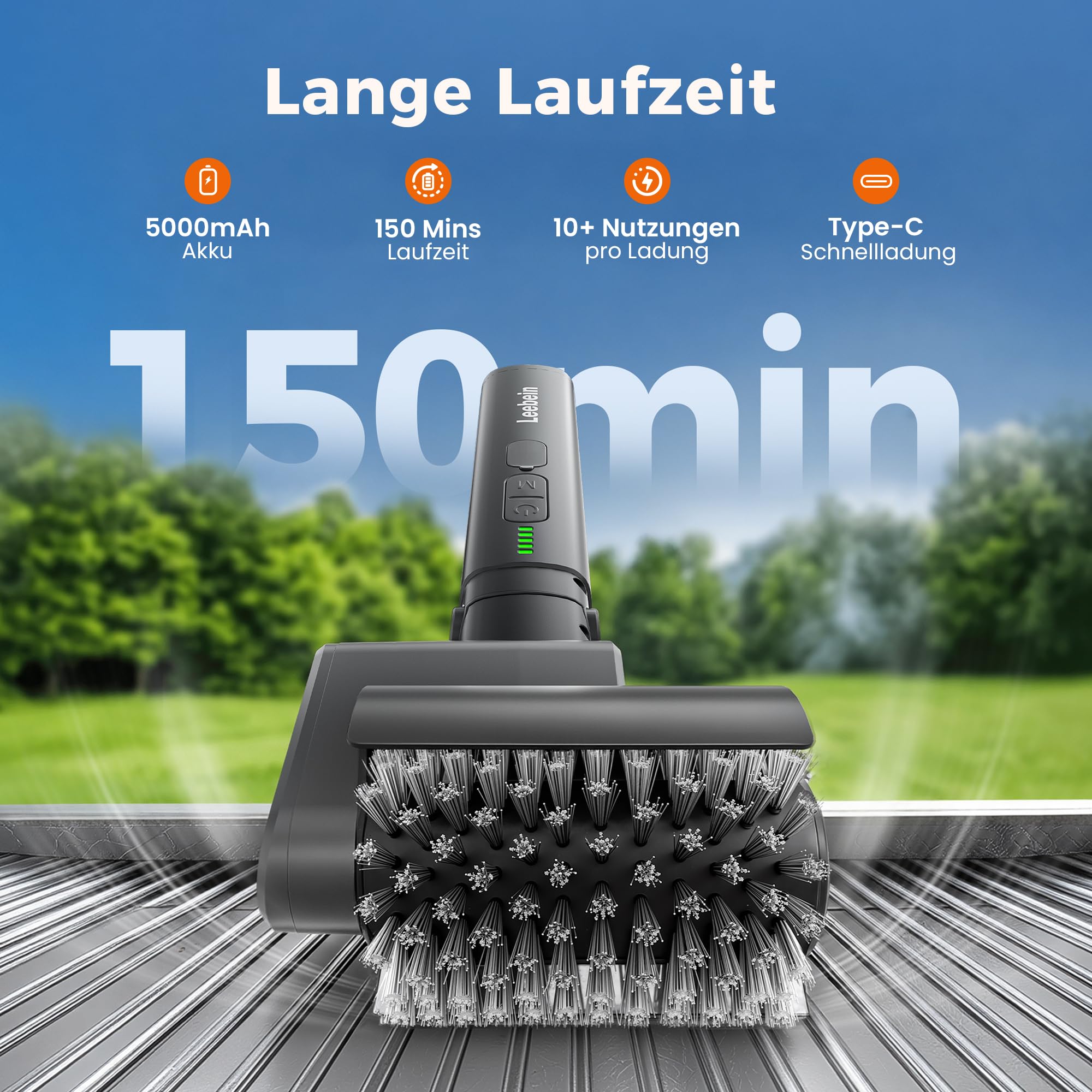 Leebein Elektrische Grillbürste für BBQ, 2026 Elektrische Reinigungsbürste 3-Gang & Verstellbare Winkel mit 3 Austauschbaren Köpfen, 150 Min Laufzeit, Wasserdicht und Hitzebeständig für Grillroste