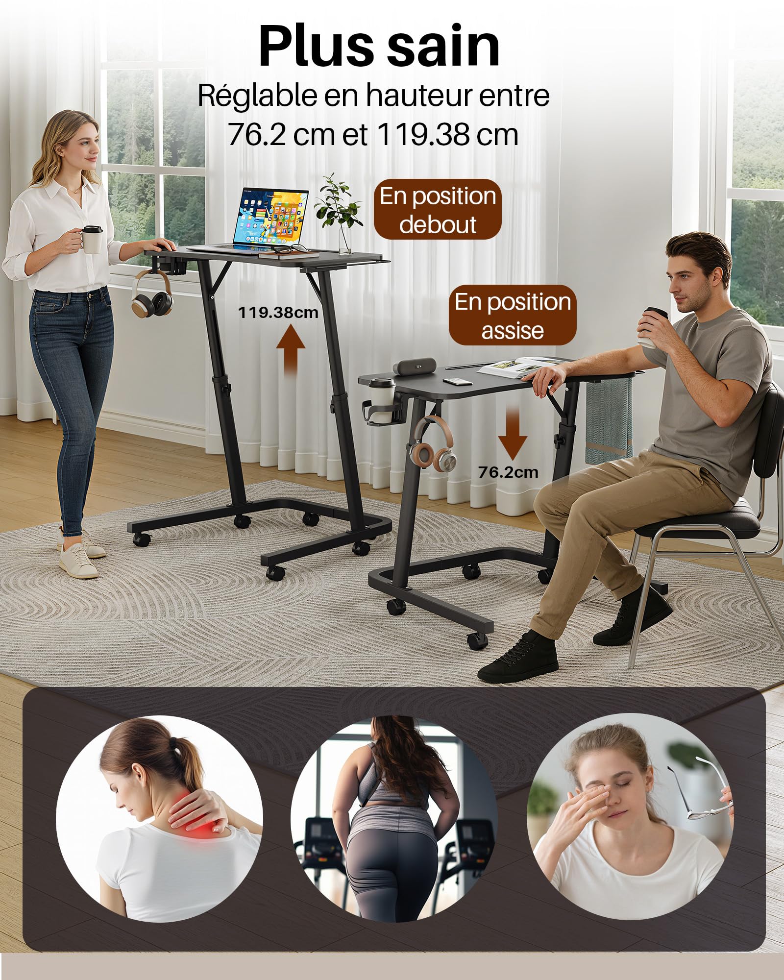Table d'entraînement à roulettes pour vélo avec hauteur réglable et roulettes, table de chevet et table pour ordinateur portable, table d'appoint réglable en hauteur pour vélo d'intérieur et tapis de