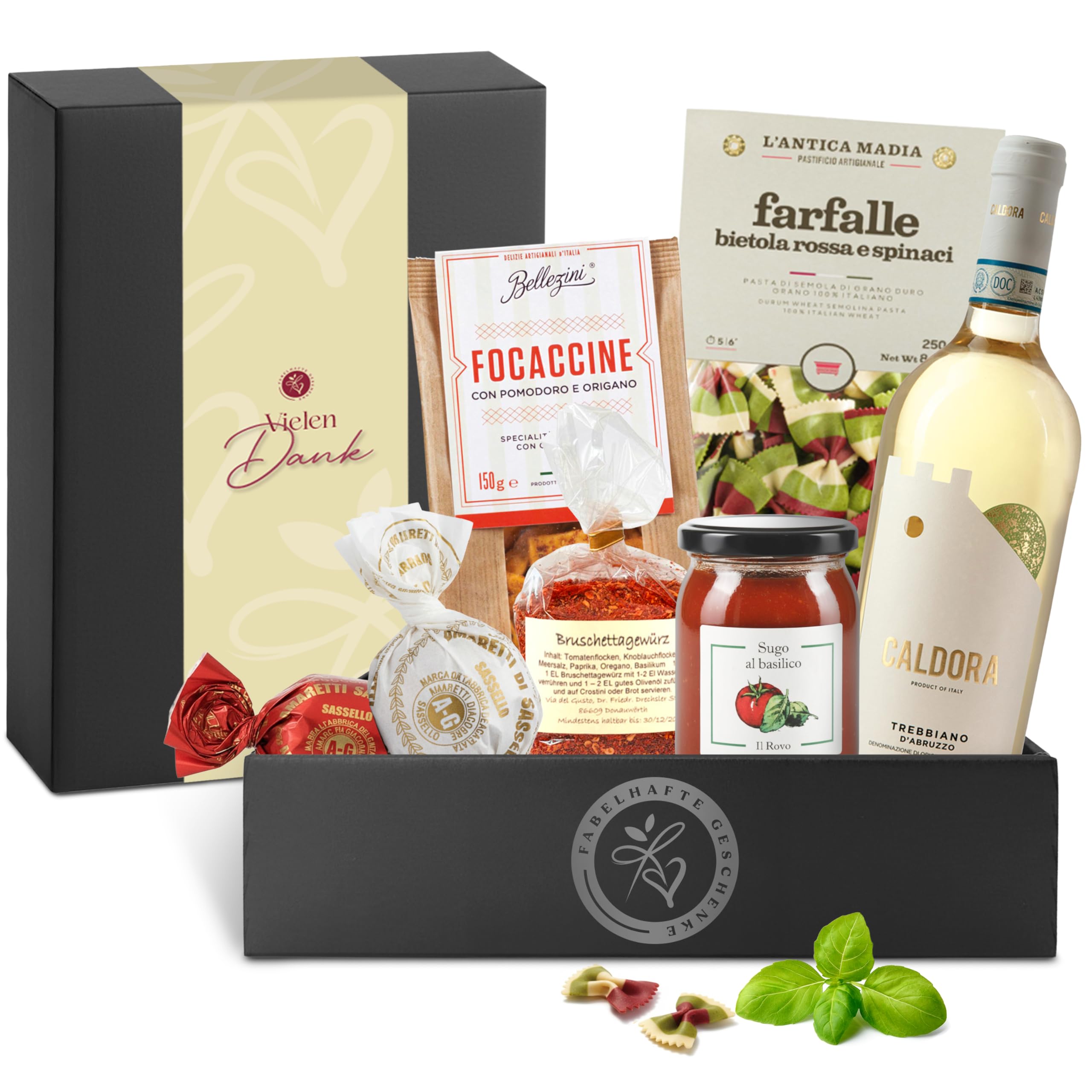 Danke-Präsentkorb Italia mit italienischem Weißwein und italienischen Delikatessen | Geschenkkorb für Männer & Frauen | mit " Vielen Dank" Banderole