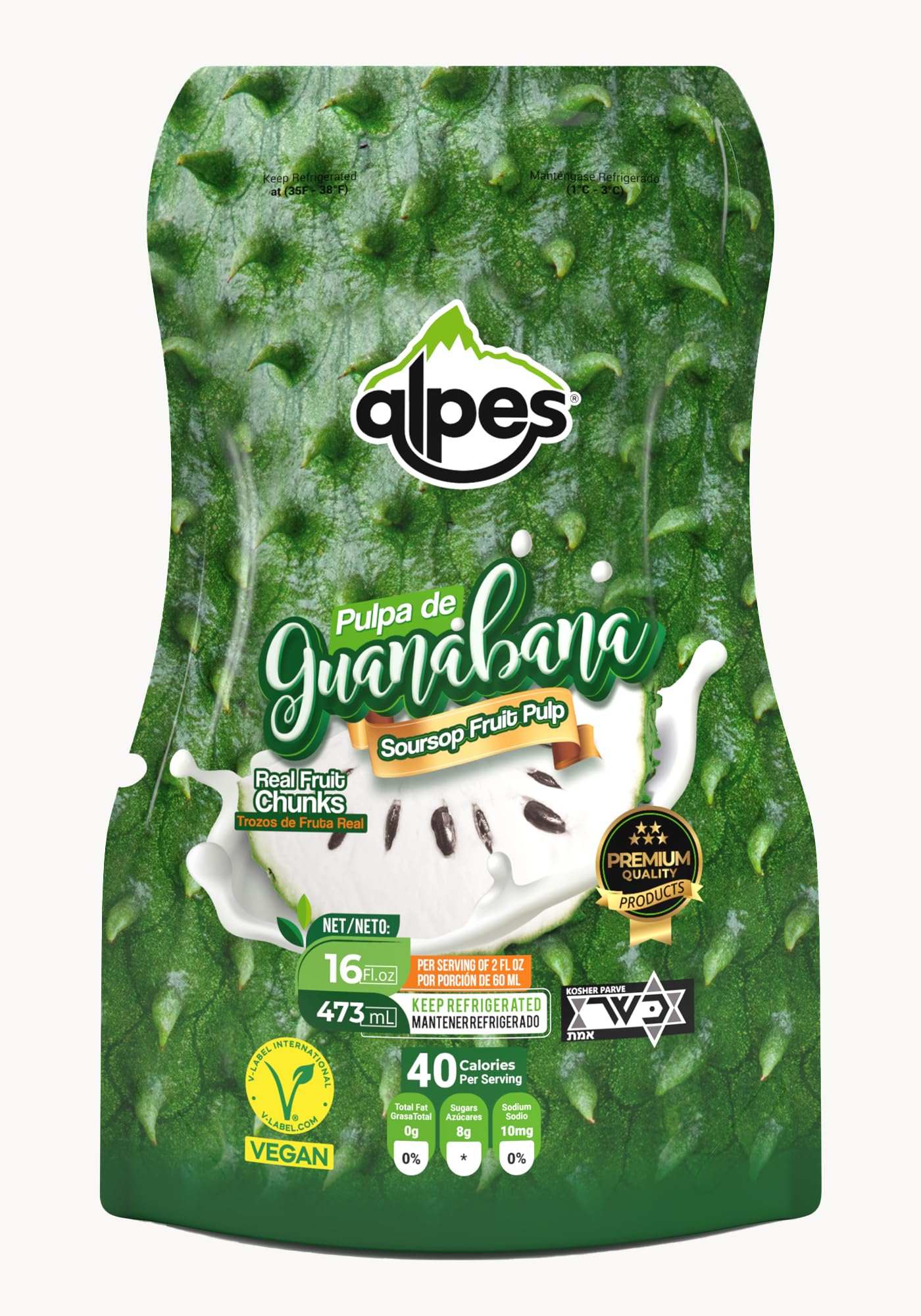 Alpes Premium Soursop Pulp, 100% Real Fruit, Tropical Guanábana. Ideal for Cocktails, Juices, Smoothies, Desserts, Gourmet Sauces, Ice creams & Snacks, 1 Pack 16 fl oz.