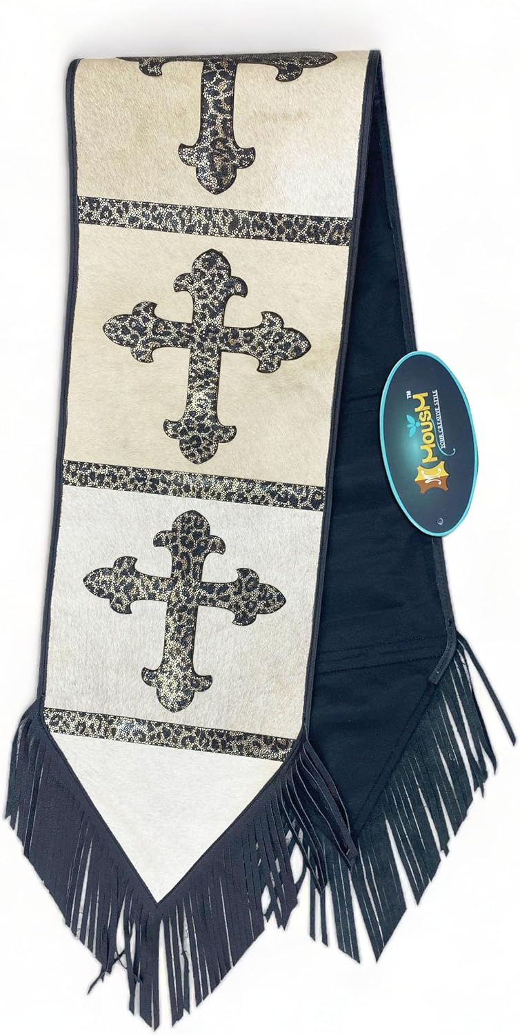 Cow Hide Leather Table Runner 12 x 72 Inches - Cream Cowhide with Crucifix Leopard Design Patch and Black Leather Fringe