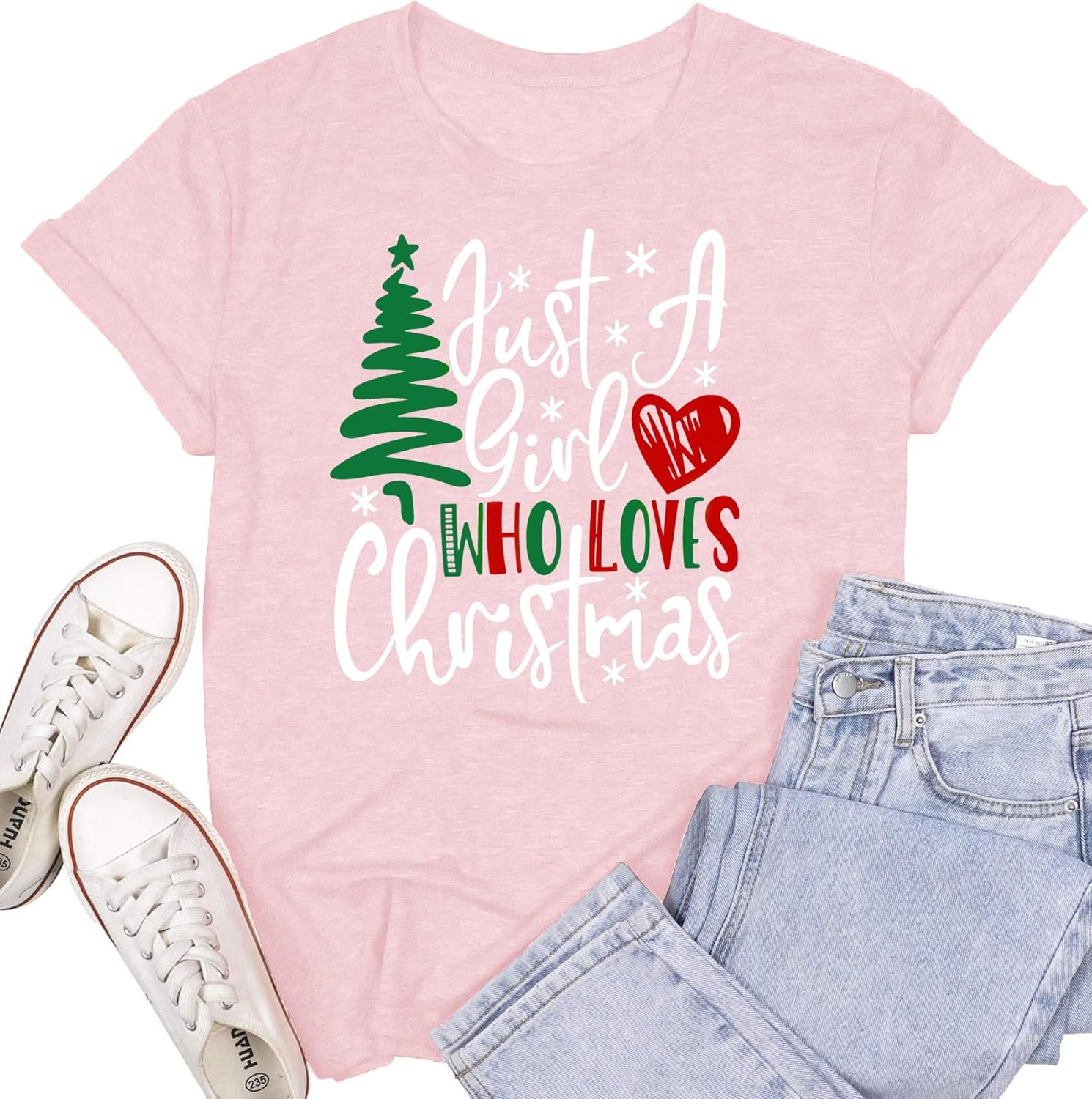 Womens Christmas Shirts Just A Girl Who Loves Christmas T-Shirt Xmas Tree Tee Tops - Image 2