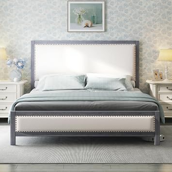 AMERLIFE Full Upholstered Platform Bed with Headboard, Solid Wood Bed Frame with Linen Headboard & Footboard Nailhead Trim, No Box Spring Needed, Noise-Free, Grey Blue