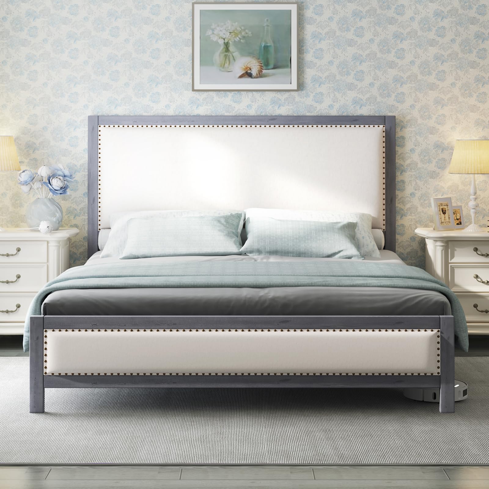 AMERLIFE Full Upholstered Platform Bed with Headboard, Solid Wood Bed Frame with Linen Headboard & Footboard Nailhead Trim, No Box Spring Needed, Noise-Free, Grey Blue