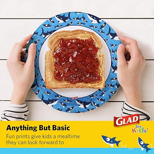 Miniatura 4 de Glad Platos redondos de papel para niños de 8 12 pulgadas con bonito diseño de tiburones, resistentes, a prueba de remojo, aptos para microondas
