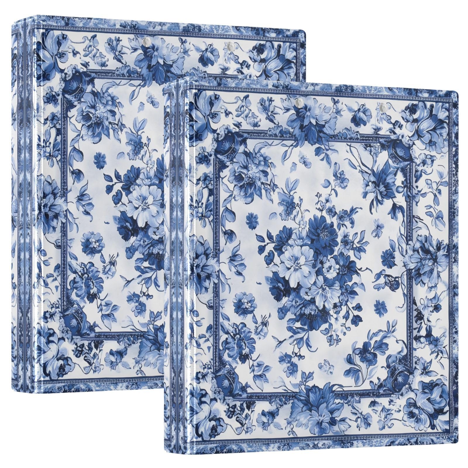 Raccoglitore ad anelli con motivo floreale blu e bianco, 3,8 cm, decorativo, con clip in metallo, formato A4, organizer per casa e ufficio, confezione da 2