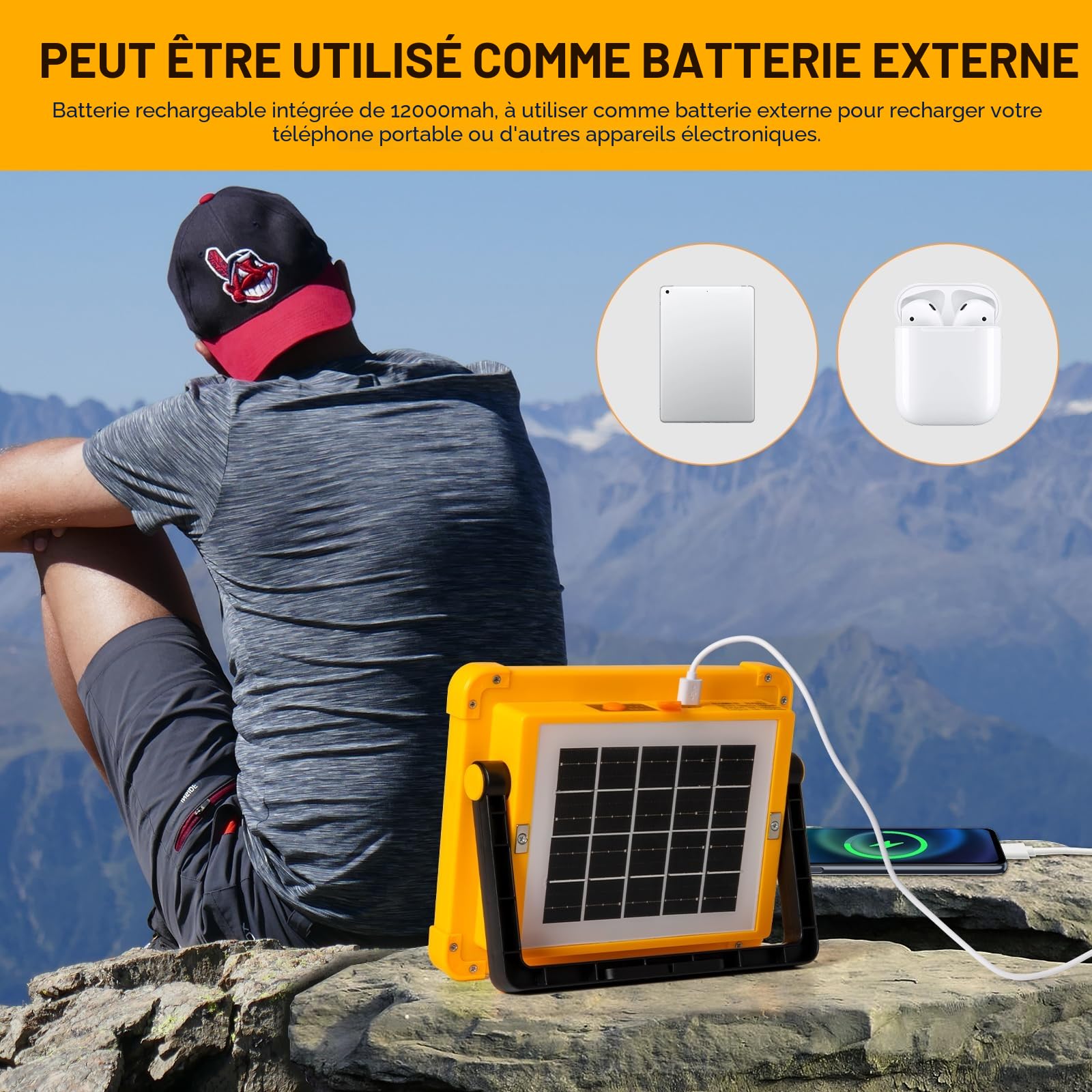 Projecteur Led Rechargeable 100W: Projecteur Led Chantier | avec Panneau Solaire - 12000mAh USB Lampe Chantier 4 Mode d'éclairage Idéal pour Camping Travail Garage Atelier