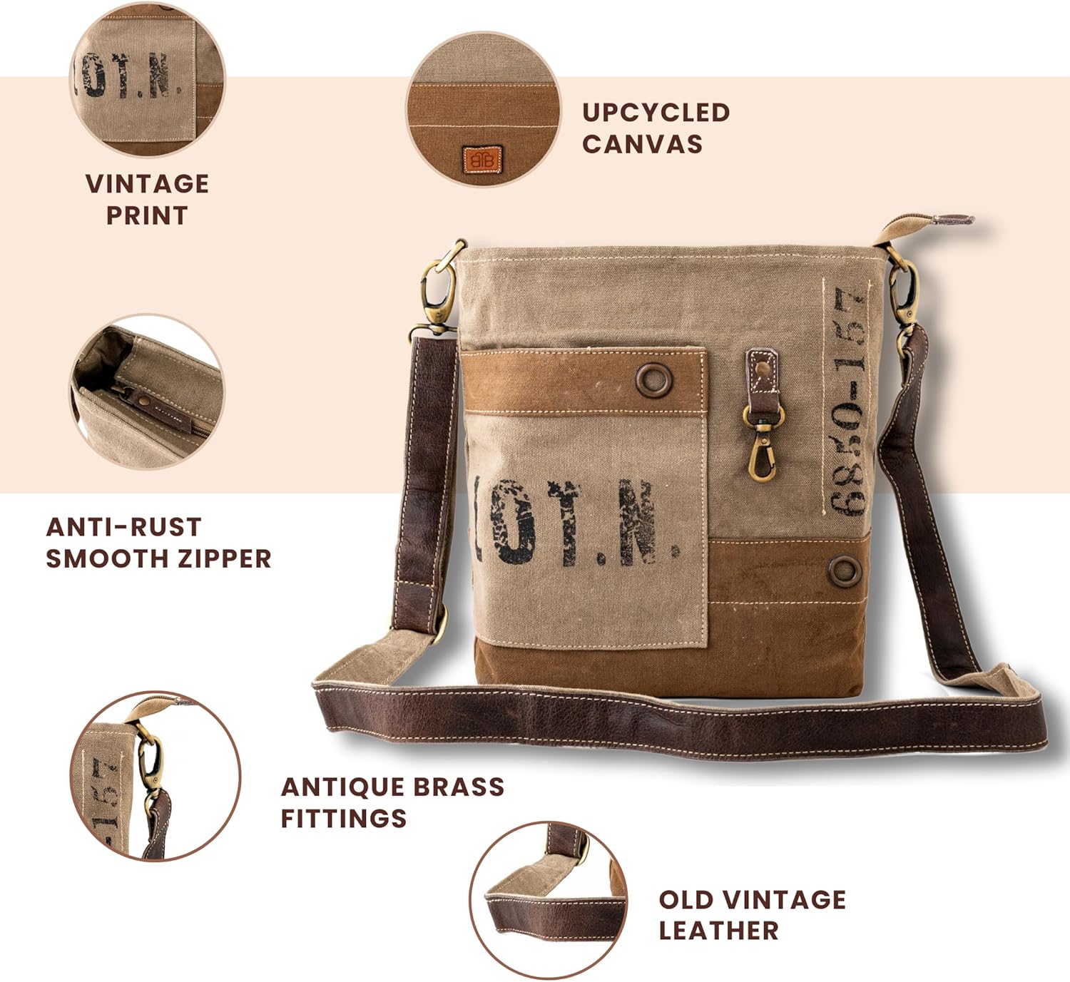 3B SHOUZO Messenger and Shoulder Bag - Upcycled Vintage Canvas & Leather - Image 4