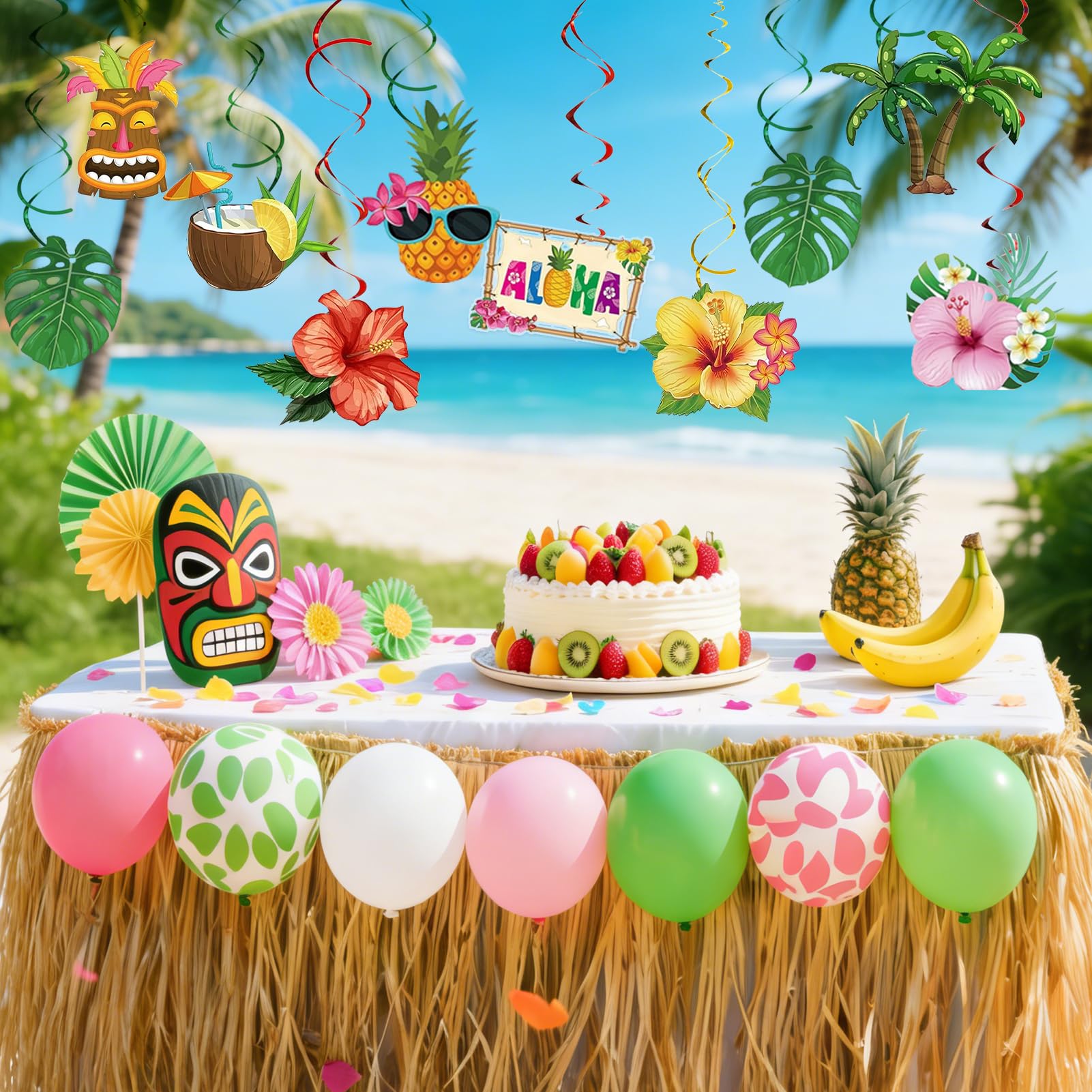 40 Piezas Hawaiana Remolinos Colgantes, Tropical Espirales Colgantes con Piña Coco Hojas de Palma Flores, Hawaiana Remolino Colgante, Serpentinas en Espiral para Fiesta Hawaiano Tropical Playa