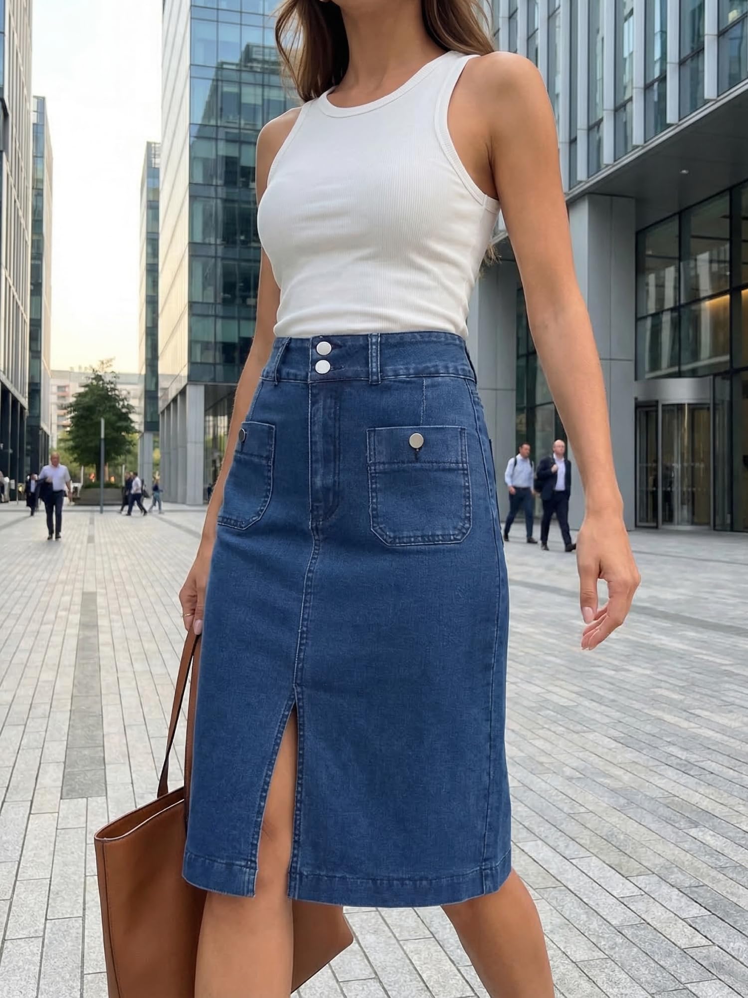 Femme Jupe en Jean Denim Extensible Longueur sous Le Genou | Taille Haute 2 Poches devant Style Décontracté Été Confort et Ajustement Flexible Port Toute la Journée
