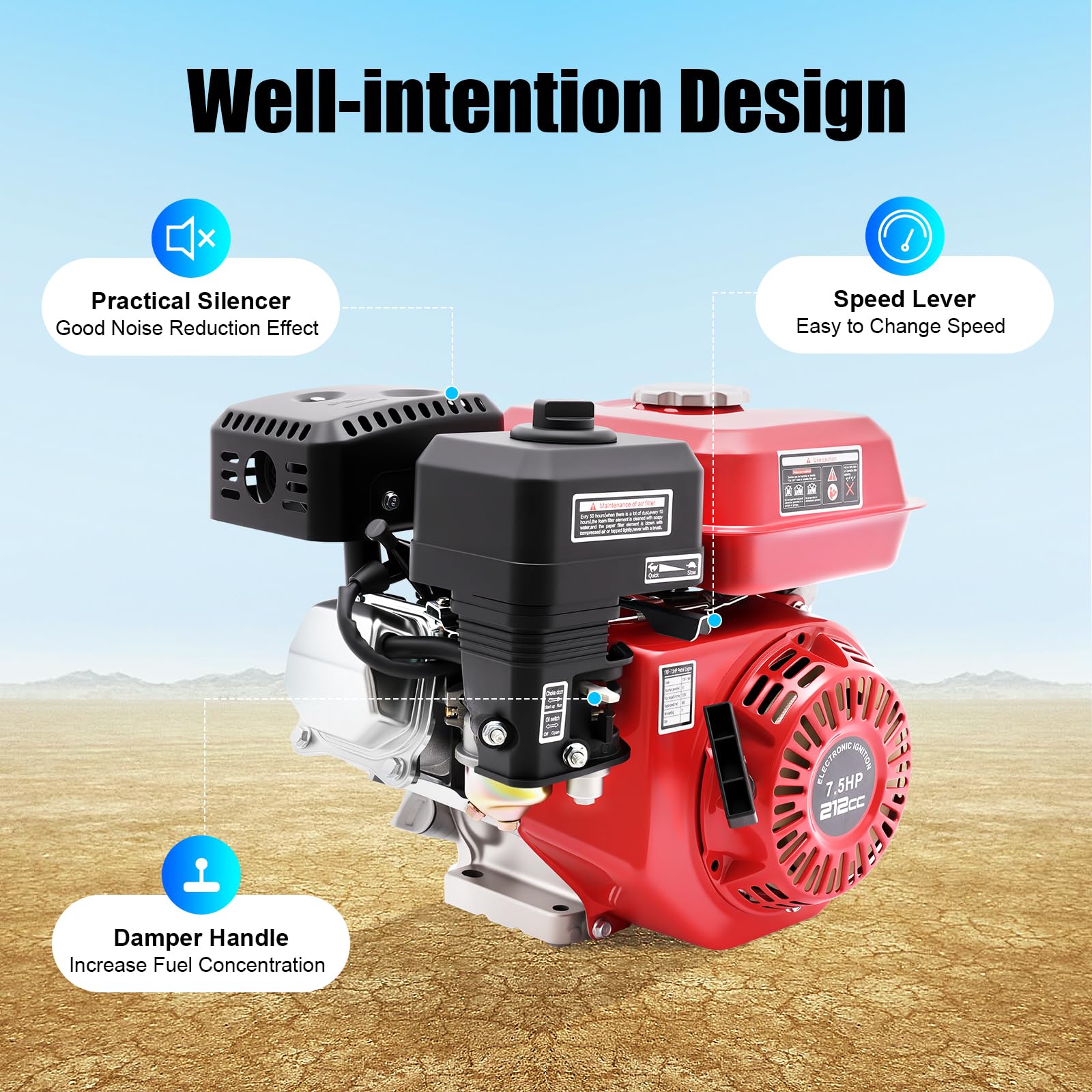 4 tiempos, 7,5 CV, 5100 W, motor de gasolina, cigüeñal, bomba de agua, motor de pie, para bomba de transferencia de agua, desbrozadora Gokart