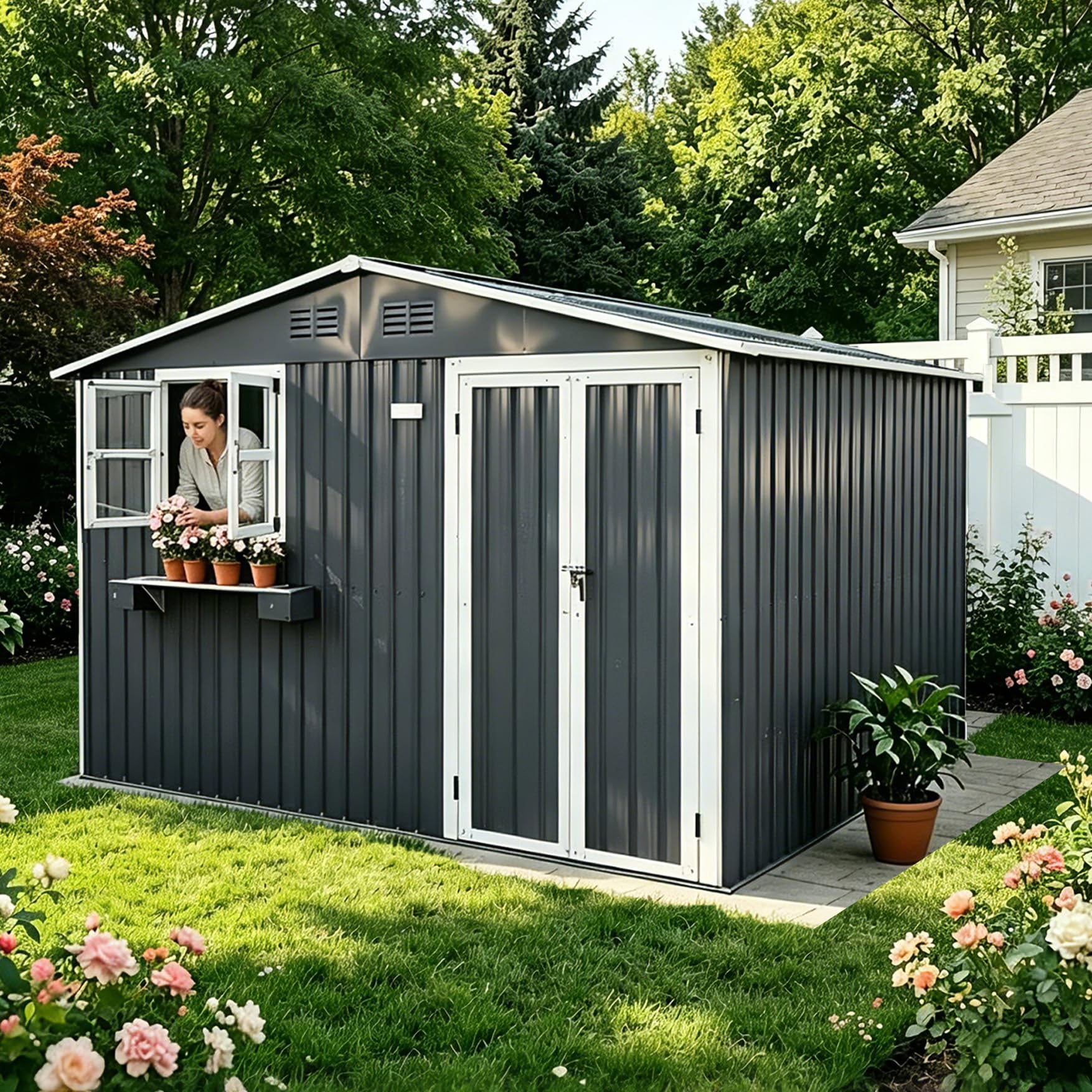 Caseta de jardín de 7,19 m² de acero galvanizado, con 2 ventanas abiertas, puertas con cerradura y estante para flores, resistente al agua para jardín, terraza, patio trasero, color gris