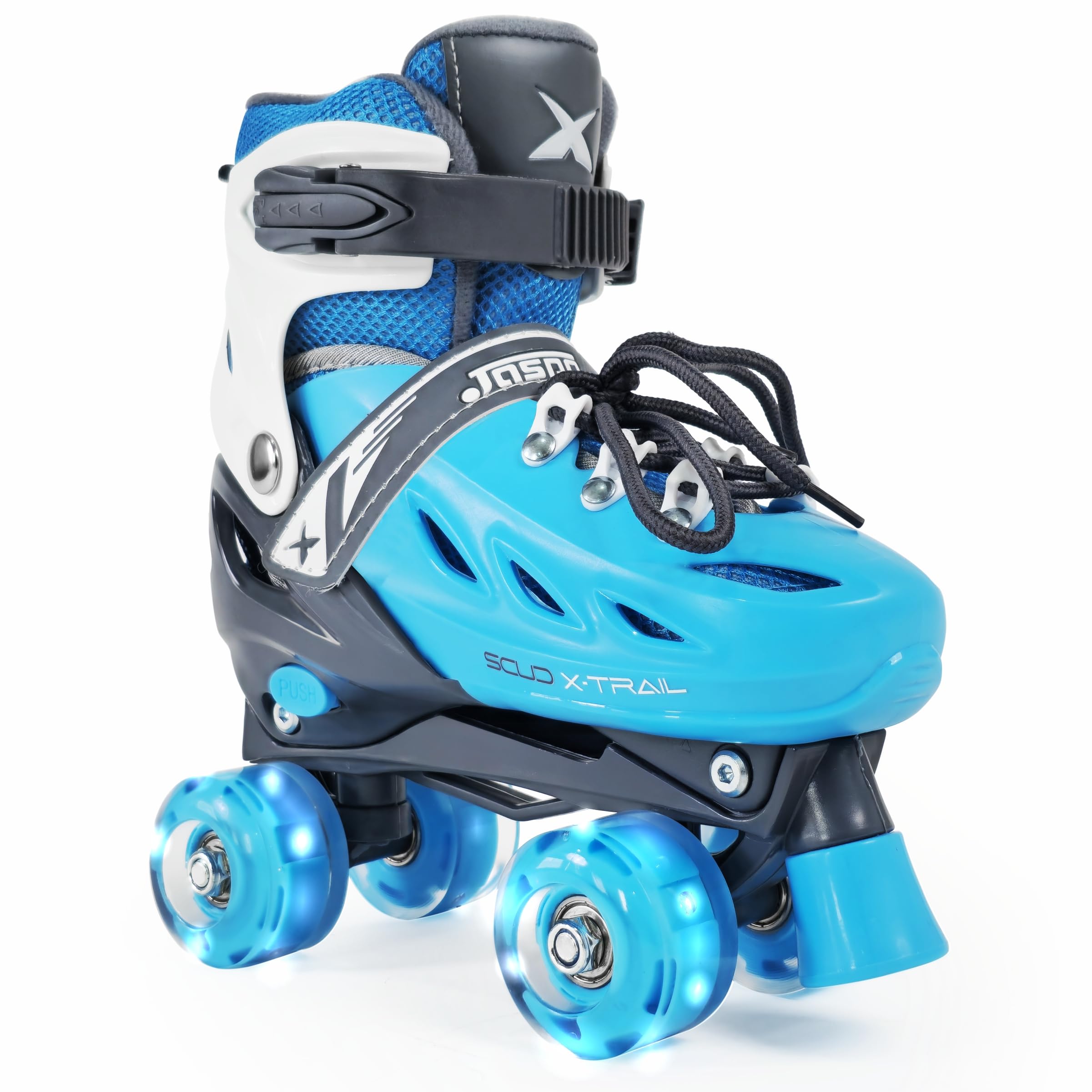 Jaspo Scud X Trail Adjustable Quad Roller Skates with LED Wheels, Best for Beginners and Intermediate Skaters with All Shiny Illuminating PU Wheels for Kids Boys Girls Teens Adults, Blue S
