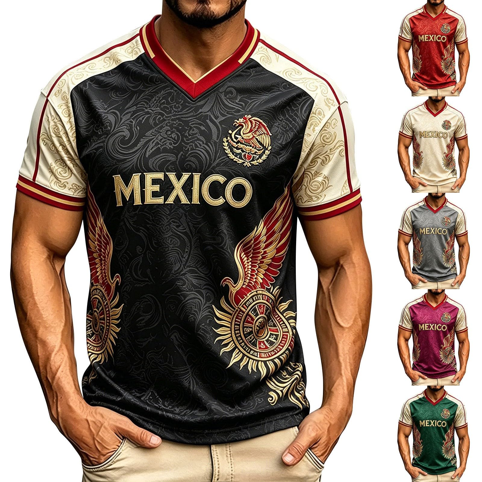 Men's Mexico Football Shirt 2026 Baseball Uniform with Mexican Flag Printed Sports Shirts Short Sleeve Novelty Casual Shirt for Everyday Wear and Matches (Black, XL)