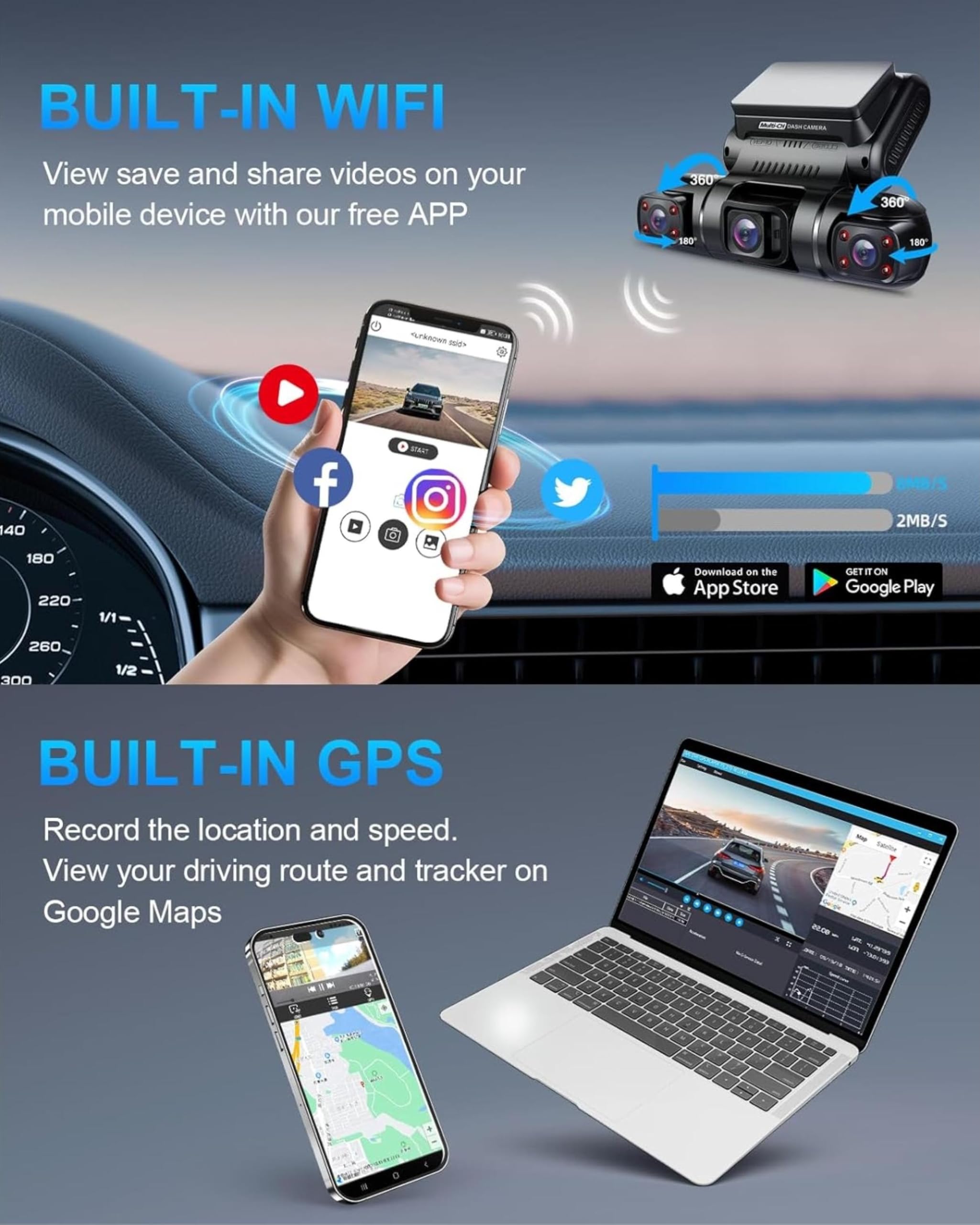 4 lenti Dashcam Quad 4x1080P Anteriore,Sinistra,Destra e Posteriore con Parcheggio GPS WiFi 24H/7,Visione Notturna IR Dash Cam Auto,150 ° Angolo Largo WDR 3 Pollici TFT G Sensor Libero 128GB
