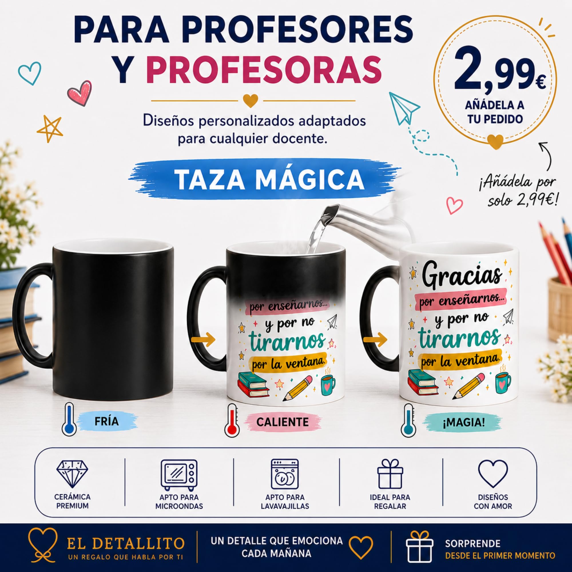 El Detallito & Tú Taza Personalizada Para Profesores Regalo Fin De Curso Recuerdo Emotivo Para Maestros Detalle De Alumnos Y Padres Cerámica Cafe (GRACIAS POR ENSEÑARNOS Y NO TIRARNOS POR LA VENTANA)