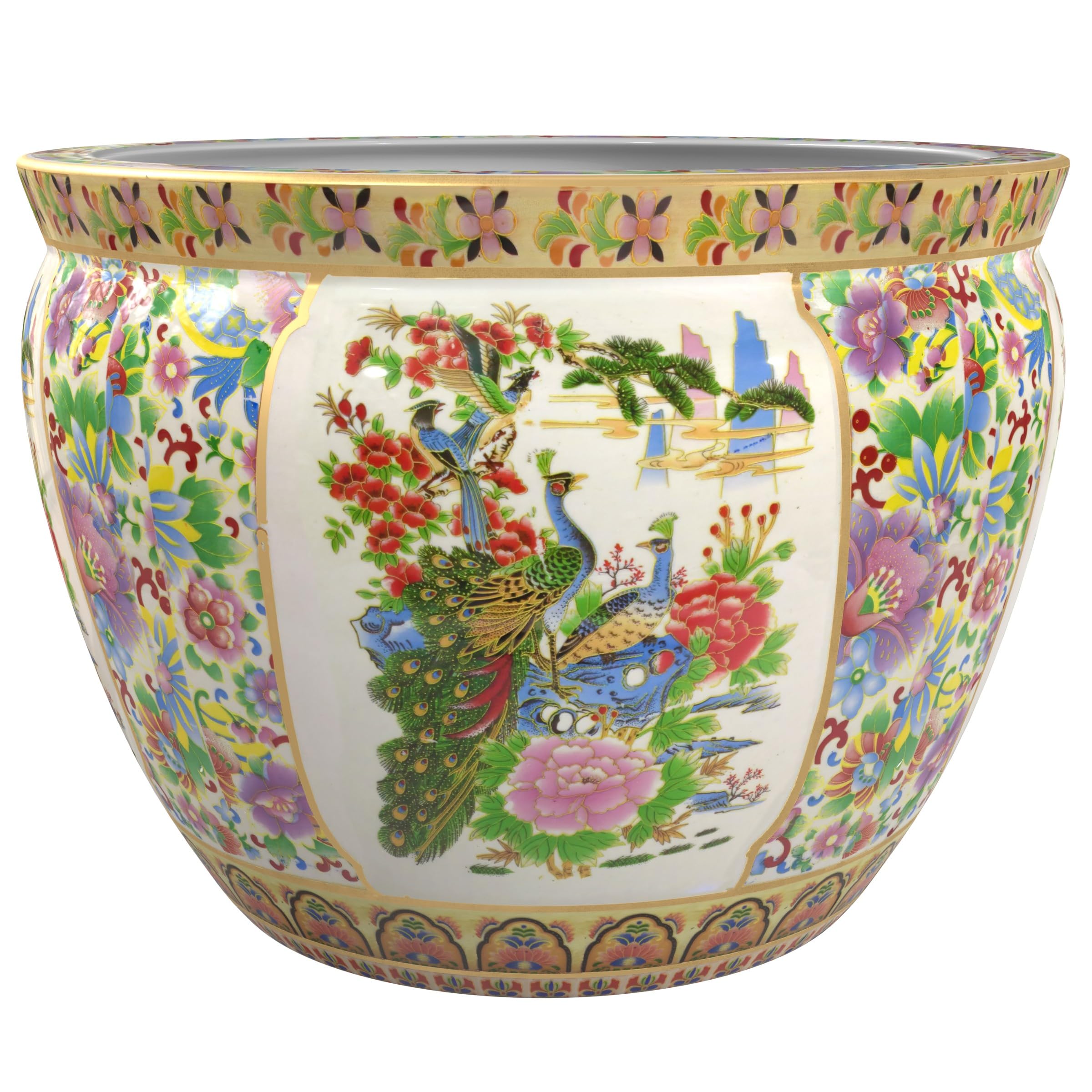 Red Lantern 18" Satsuma Birds & Flowers Porcelain Fishbowl