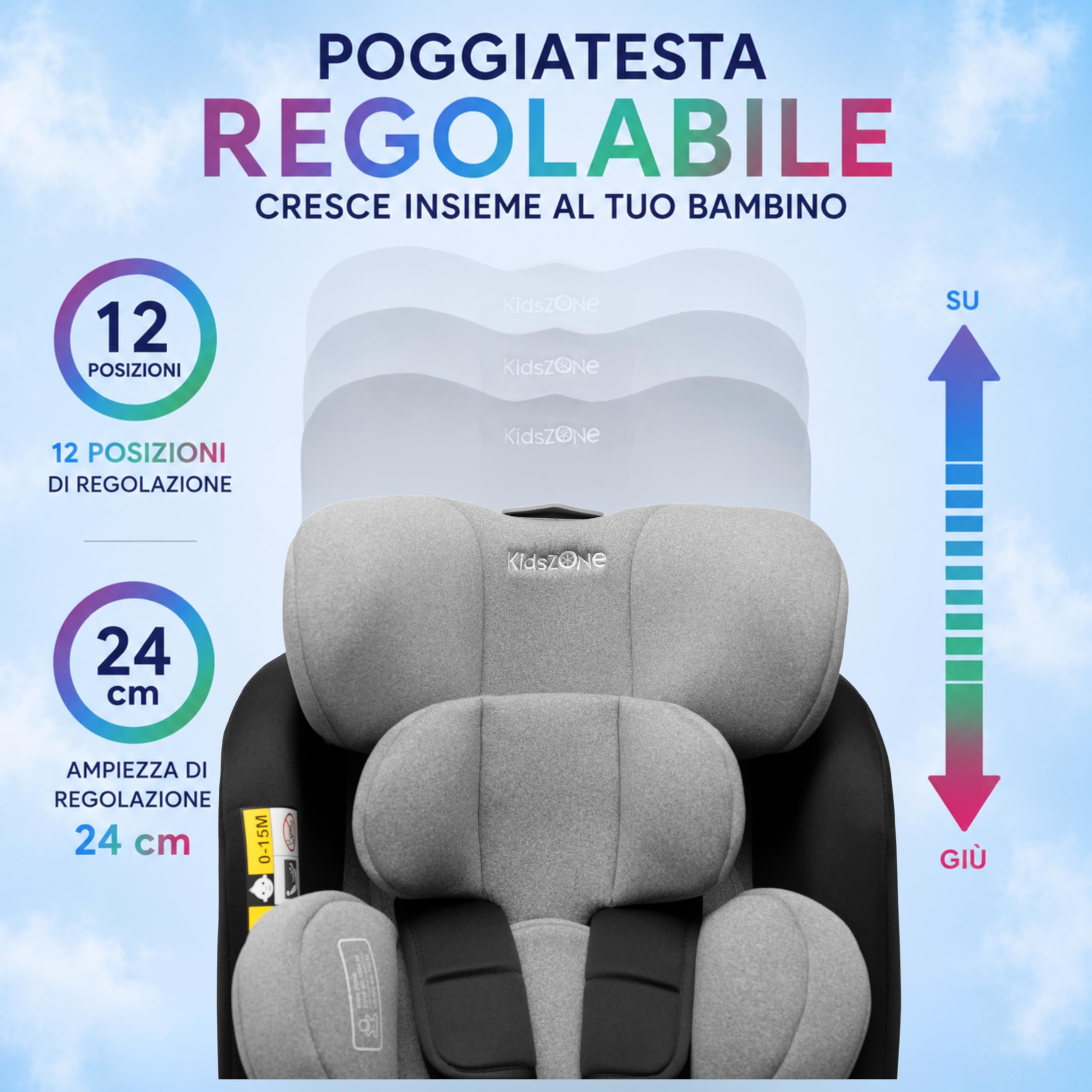 KidsZone Seggiolino Auto 0-36 kg Isofix Girevole 360° - 0-12 anni Gruppo 0/1/2/3 40-150 cm i-Size - Schienale Reclinabile In 8 Posizioni, Regolazione Del Poggiatesta (24 Cm)