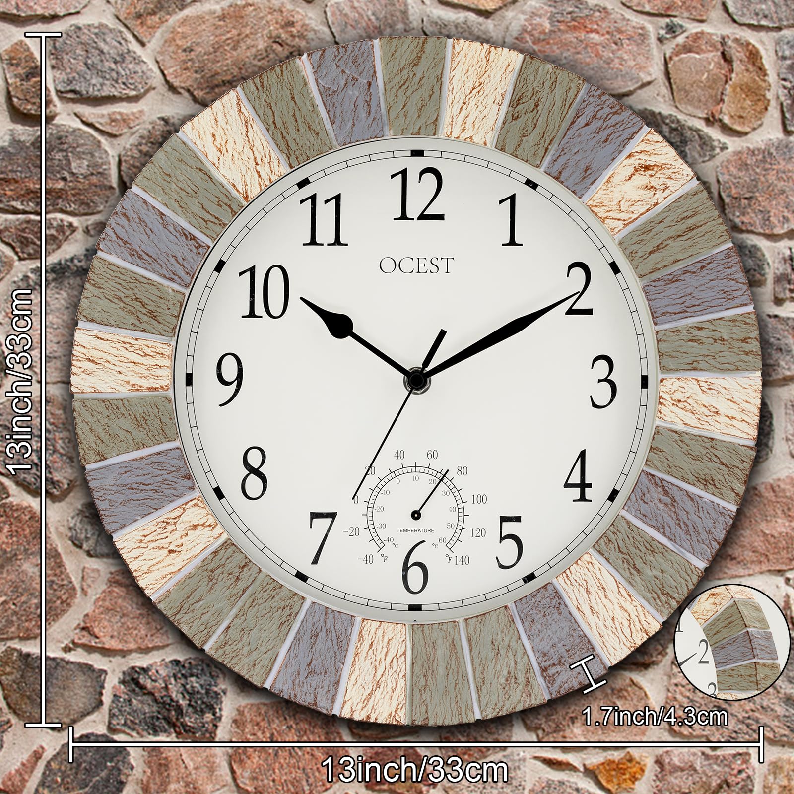 OCEST Reloj de 13 pulgadas para interiores y exteriores, impermeable, con termómetro, resistente a la intemperie, funciona con pilas, reloj decorativo para patio, piscina, porche, jardín (gris retro)