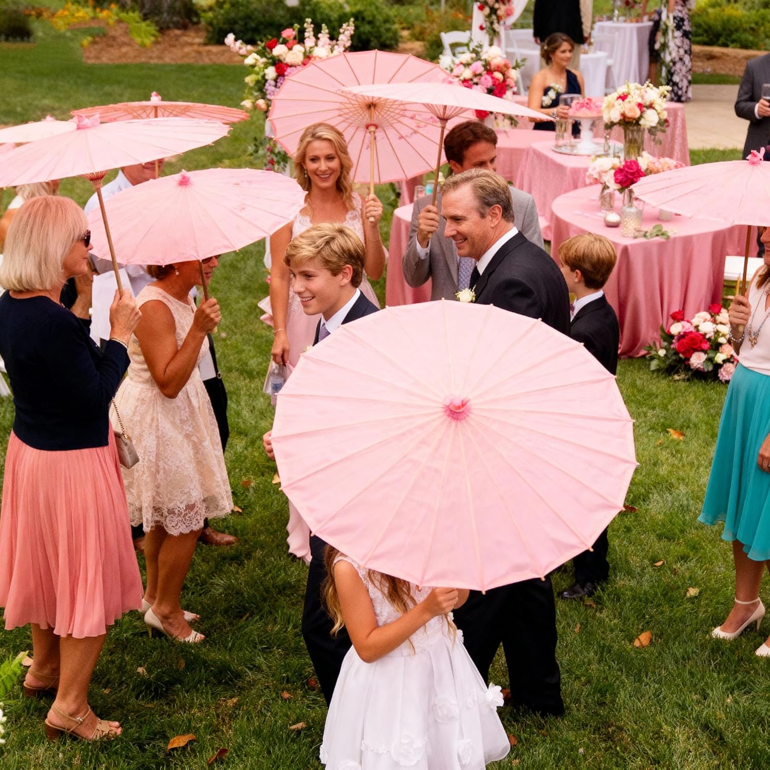 33 Inch White Paper Parasol Umbrella for Wedding Decor & DIY Art - Large Handmade Wooden Frame Sun Wedding Parasols, Asian Party Backdrop Painting Craft Projects (1, Pink)