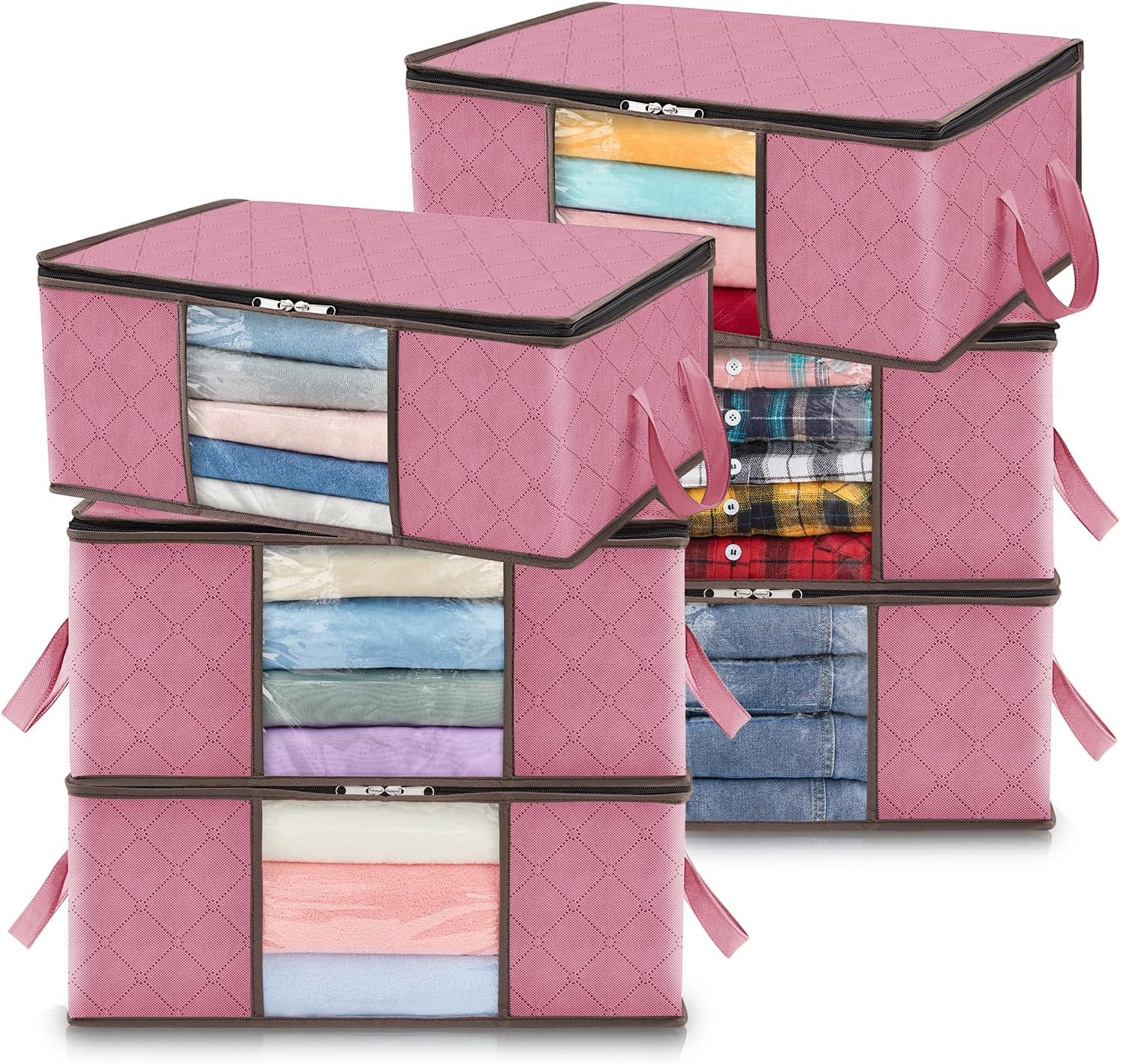 Lifewit 6 Pack Clothes Storage Bag, Foldable Storage Boxes Wardrobe Storage Organizer Moving Bag with Reinforced Handle Sturdy Fabric Clear Window for Towel, Sweater, Bedding, Pink