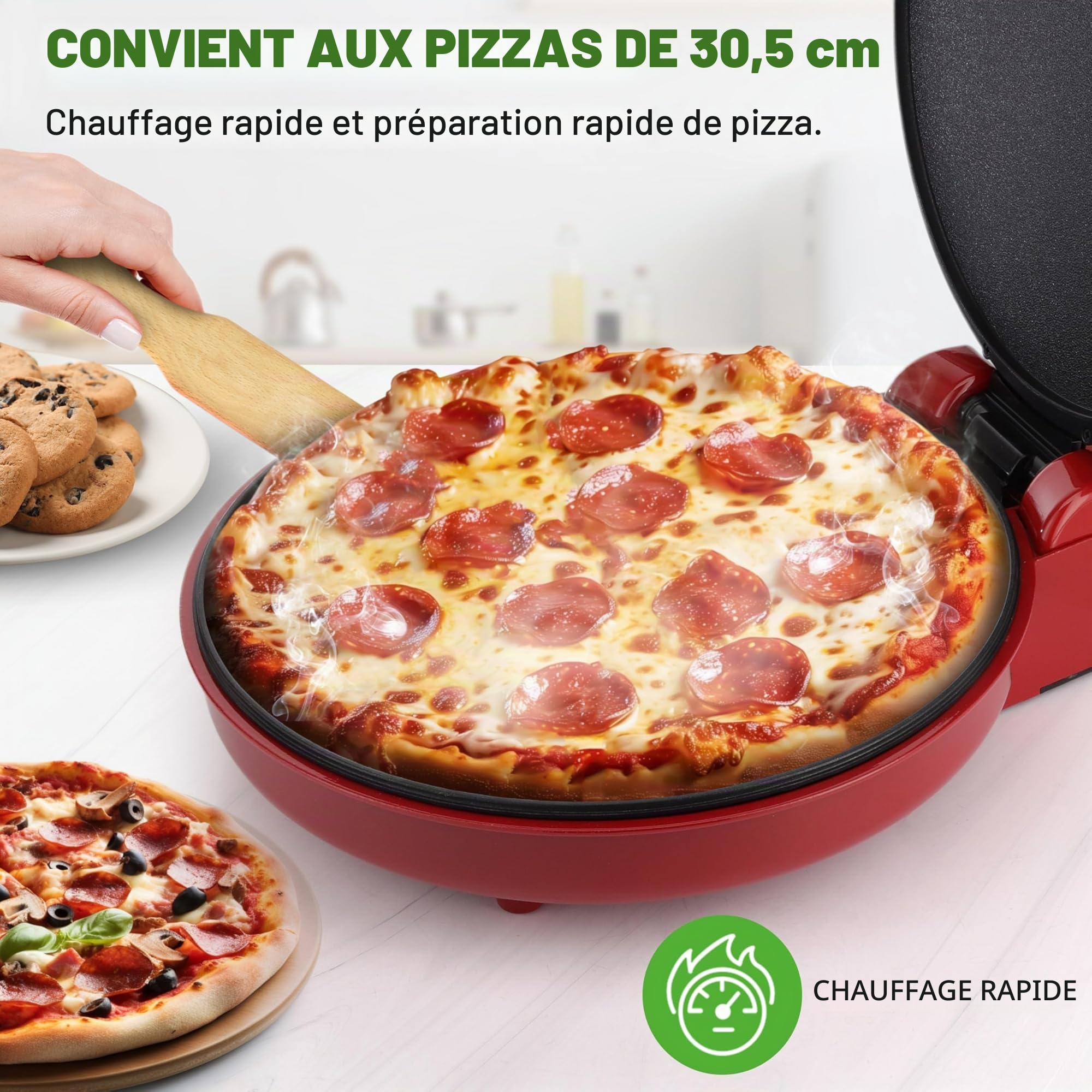 NutriChef Four à Pizza Électrique 1500W - Appareil de Cuisson Antiadhésif Ø30 cm - Idéal pour Pizza Maison, Pain Grillé, Œufs, Crêpes & Plus - Compact, Poignées Froides, Température 80-200°C - Rouge