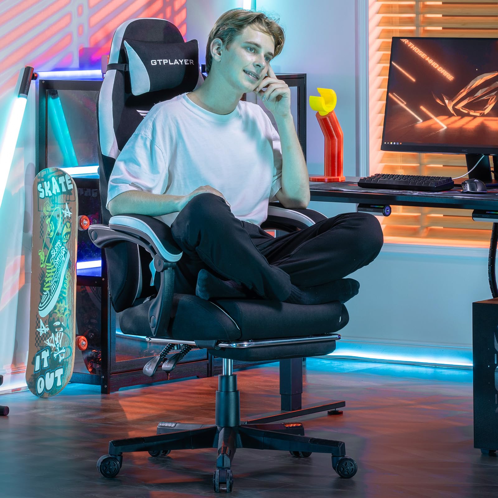 Chaise De Jeu GTPLAYER Ergonomique - Tissu Technique Bleu - Dossier 165° Réglable - Soutien Lombaire - Charge Max 150 Kg - 13