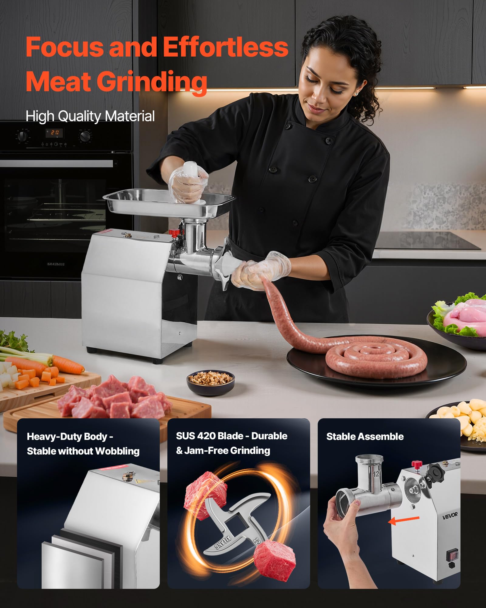 VEVOR Picadora de carne eléctrica comercial, capacidad 3 kg/min, picadora industrial n. ° 12 con 2 cuchillas de acero inoxidable, 2 discos de molienda, relleno de salchichas para cargas pesadas