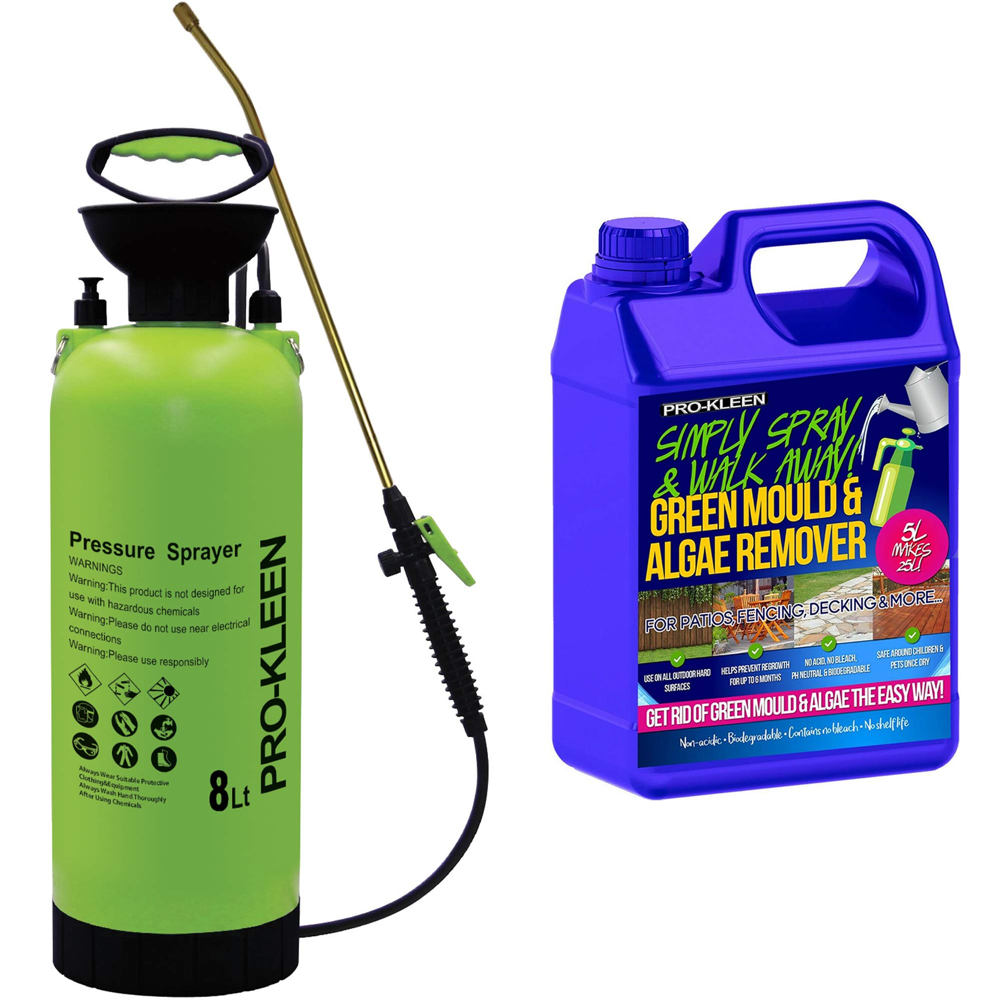Pro-Kleen Patio Cleaner Garden Pump Pressure Sprayer Manual Action 8L - Brass Lance - Spare Seal Kit - Simply Spray 5L - For Weed Killer, Pesticides, Herbicides, Insecticides, Fungicides (8 Litres)