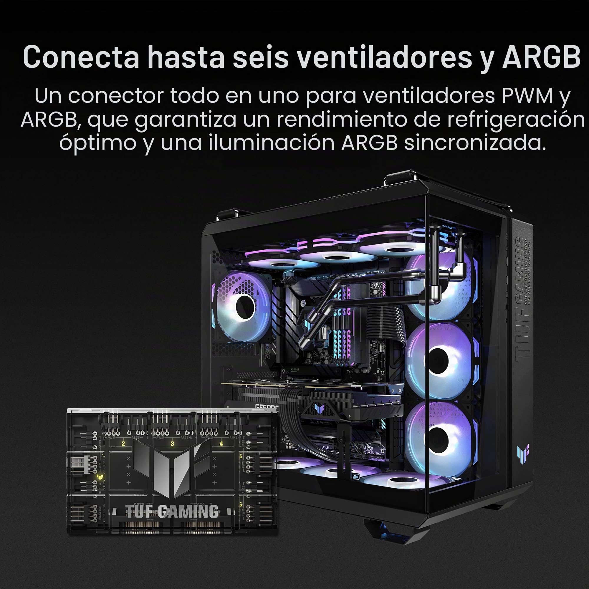 ASUS TUF Gaming ARGB PWM Fan Hub (conecta seis ventiladores de carcasa, ventilador PWM y controlador RGB, indicadores claros de alimentación y operación, soporte de alimentación SATA dual estable)
