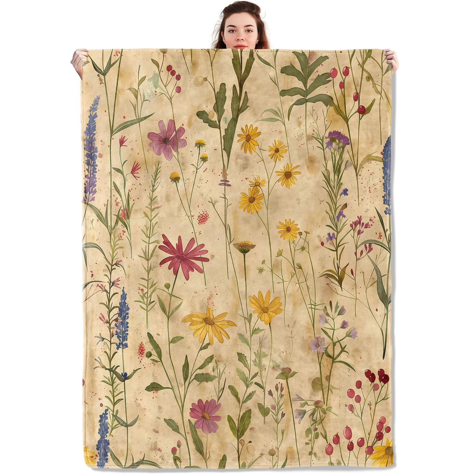 qxfqxf Wildflower Blanket Lightweight Blankets Gifts for Women Flannel Throw with Colorful Floral on Beige Background Printed for Sofa, Bed, Travel,