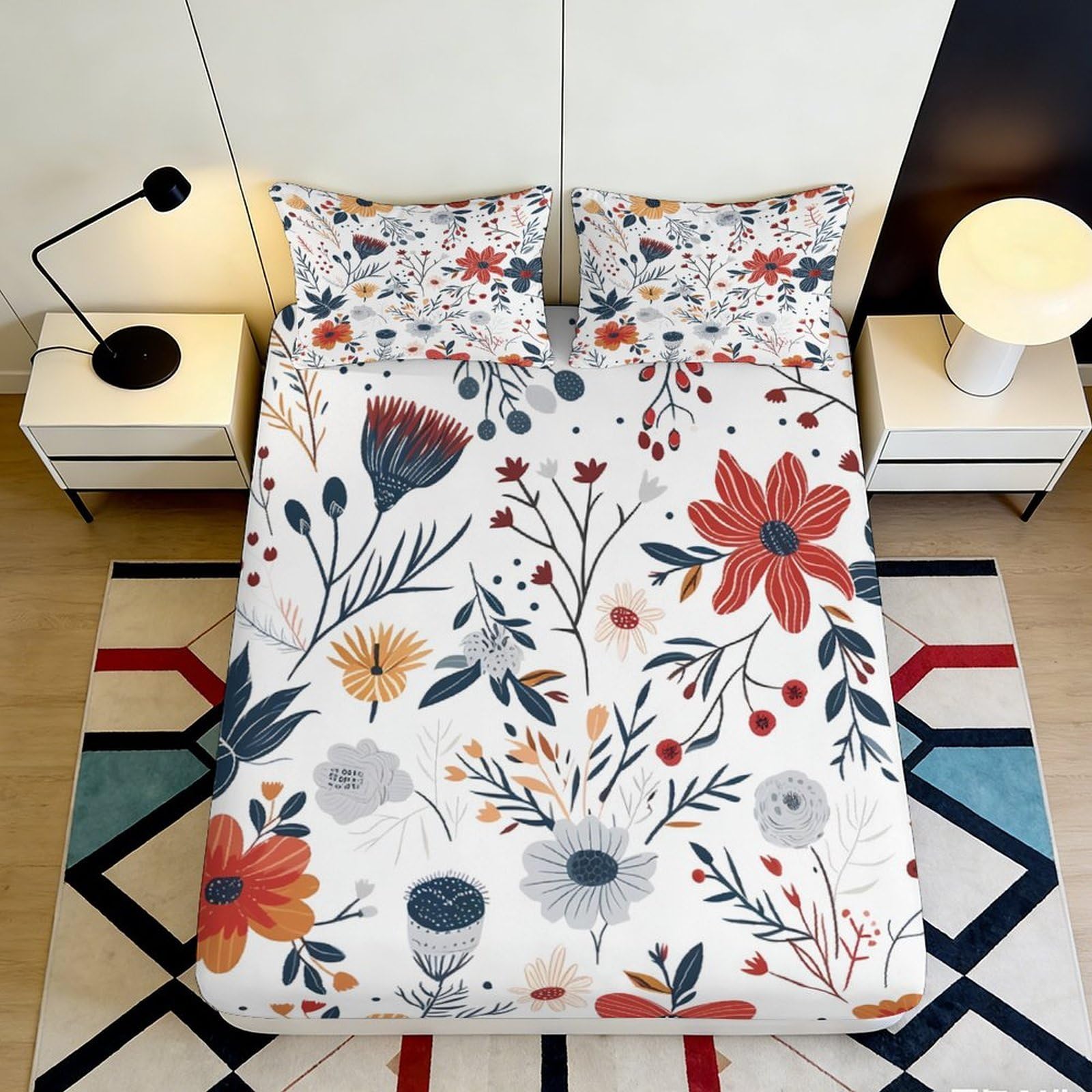 3D Printed Floral Botanical Fitted Sheet Microfiber Soft Breathable Wildflower Bed Cover for Bedroom Guest Room Decor Mattress Protection 90x200x25cm